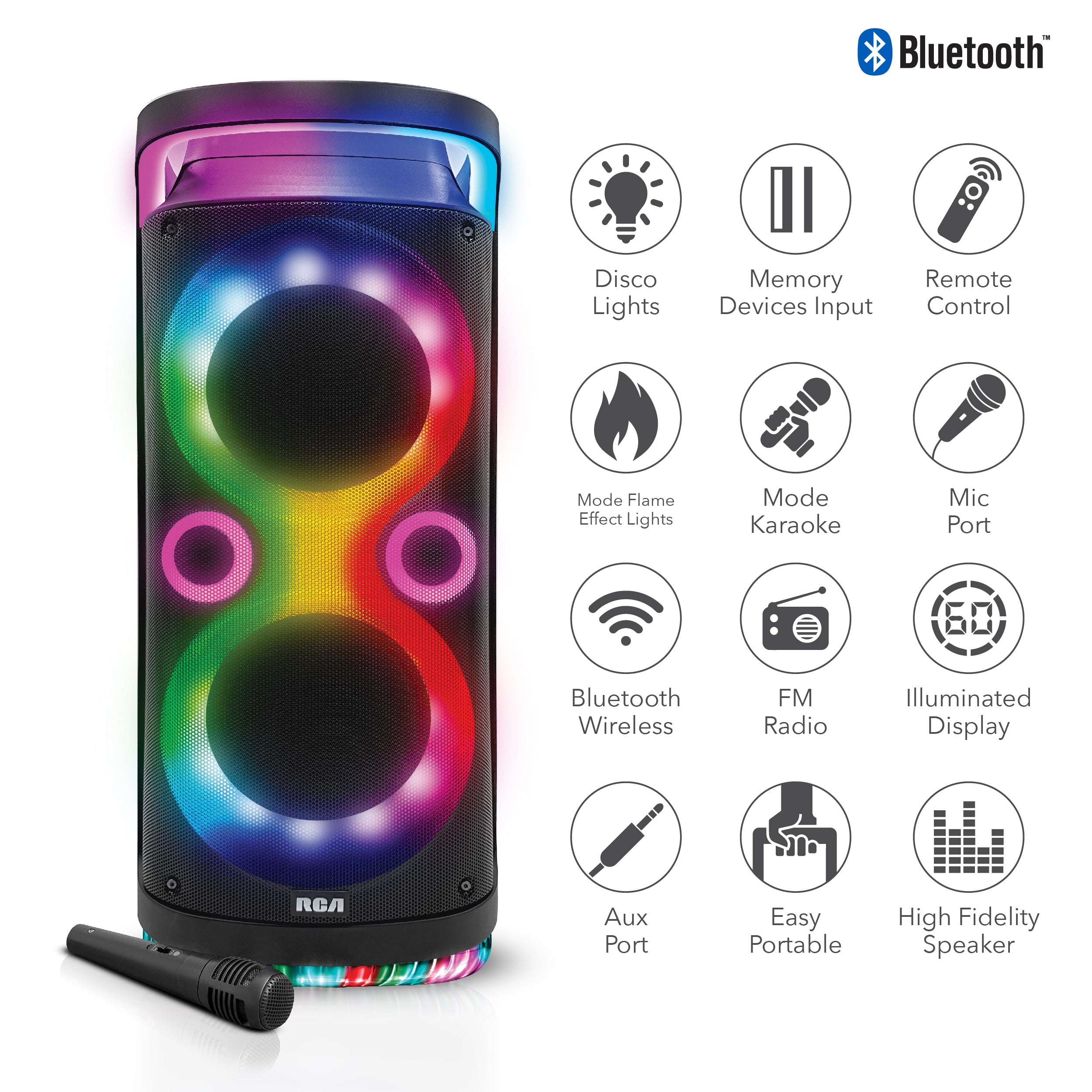 RCA Disco 2108 Flame Effect Bluetooth Party Speaker with Dual 8