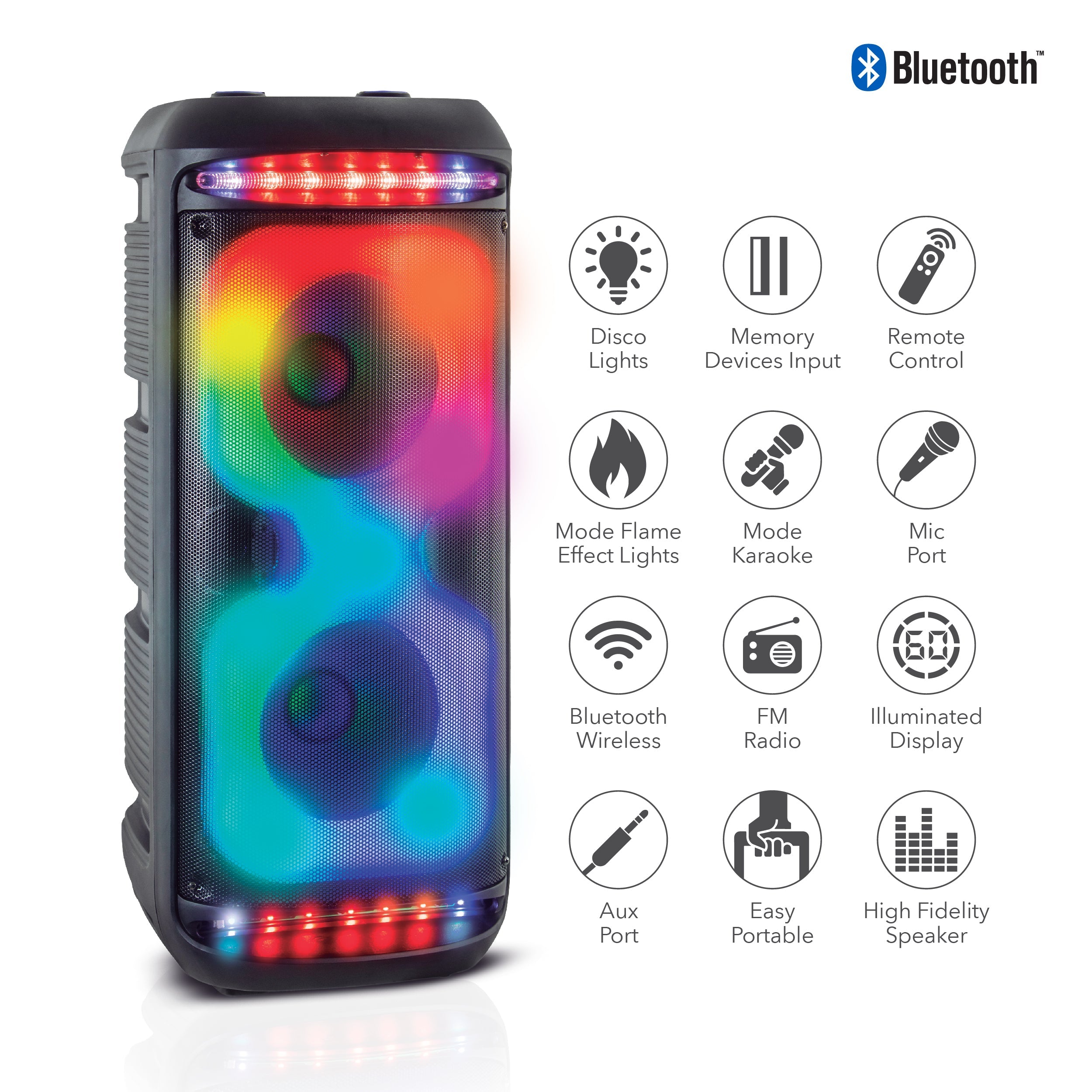 RCA Disco 2110 Flame Effect Bluetooth Party Speaker with Dual 8