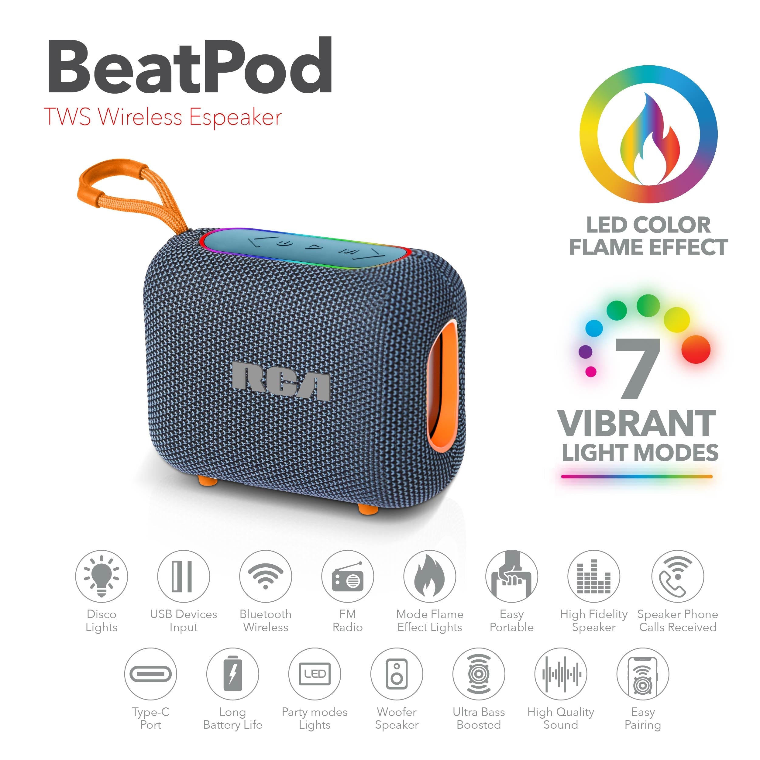 RCA BEAT-33 5W Portable Bluetooth Speaker with RGB Lights & Multiple Inputs