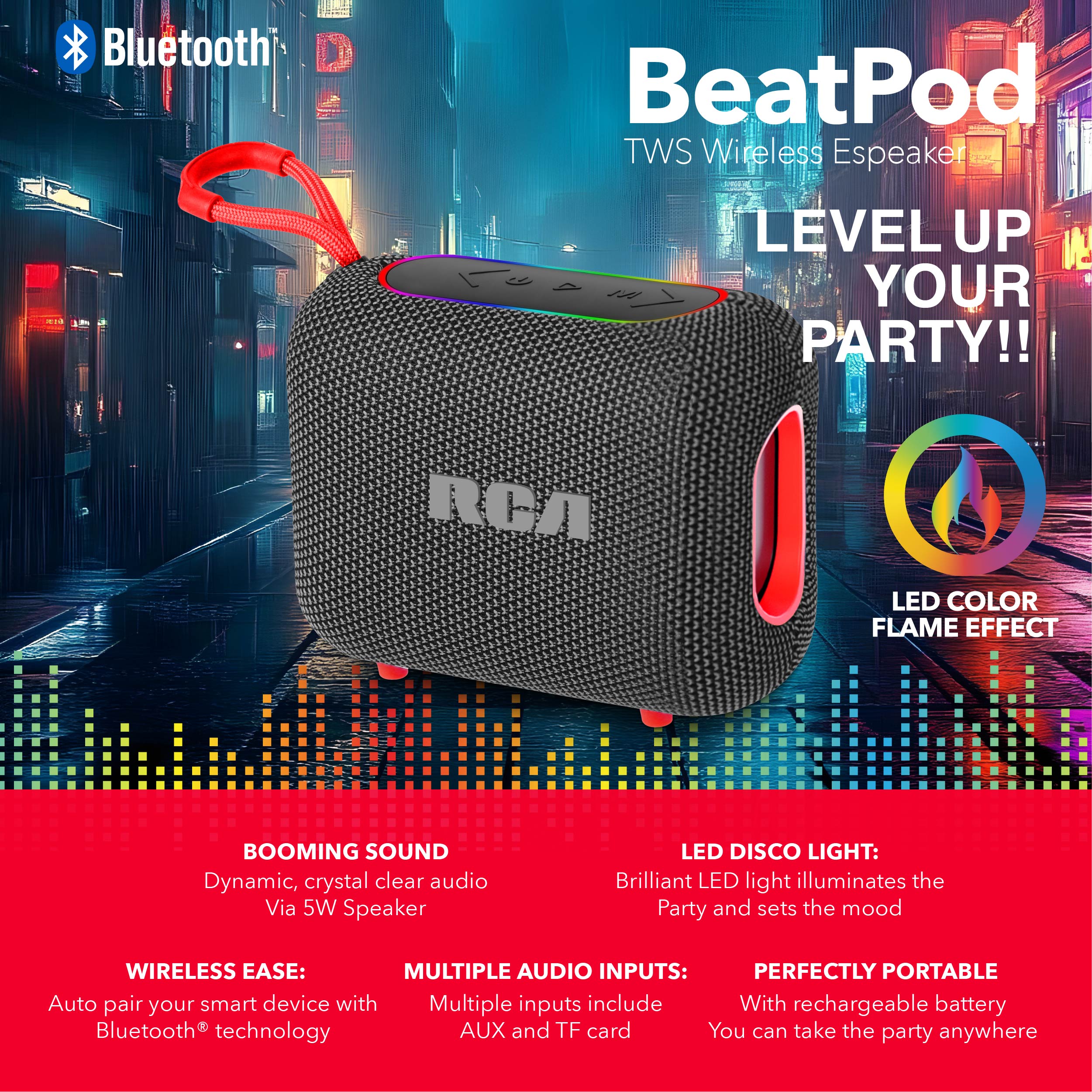 RCA BEAT-33 5W Portable Bluetooth Speaker with RGB Lights & Multiple Inputs