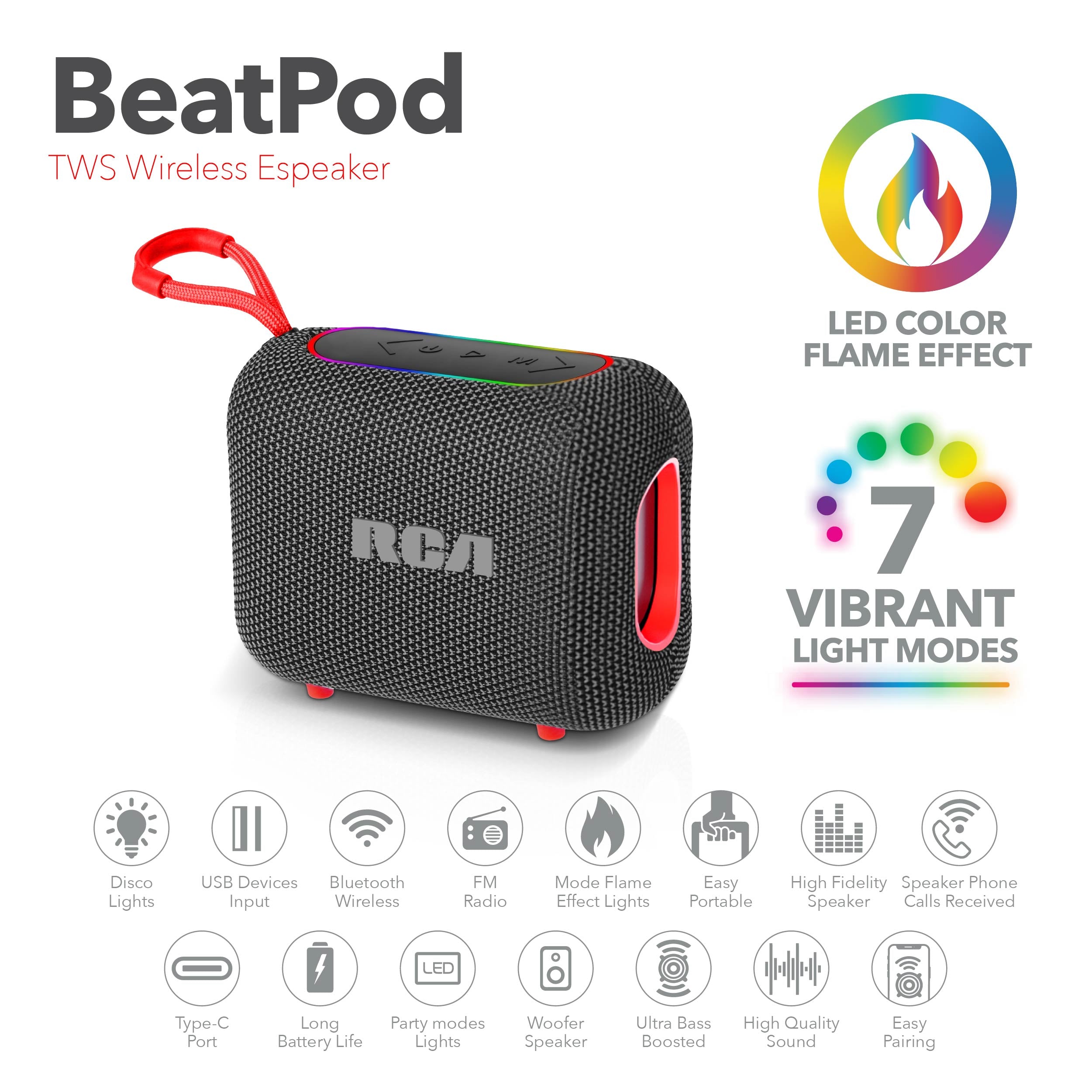 RCA BEAT-33 5W Portable Bluetooth Speaker with RGB Lights & Multiple Inputs