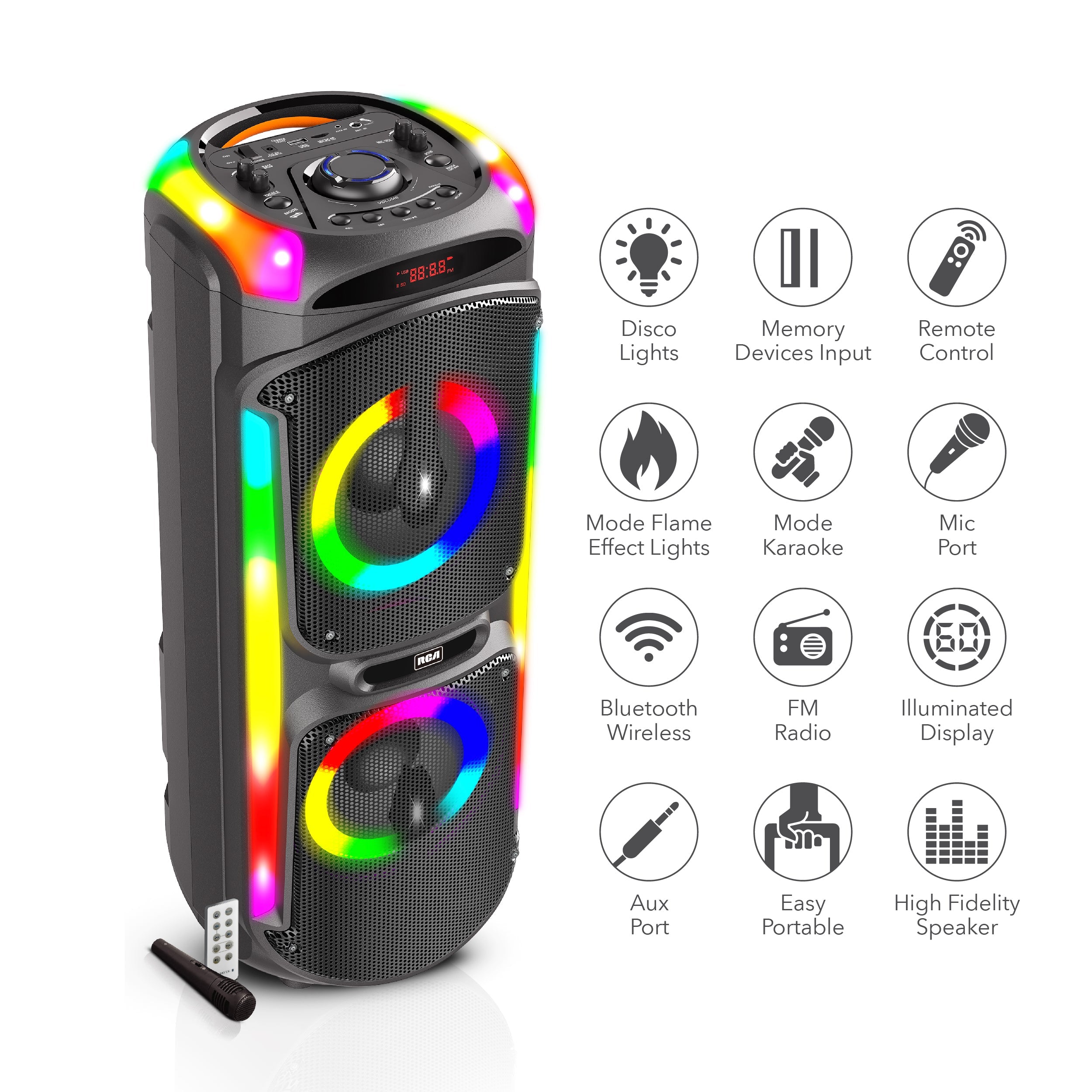 RCA Disco 88 Flame Effect Bluetooth Party Speaker with Dual 8