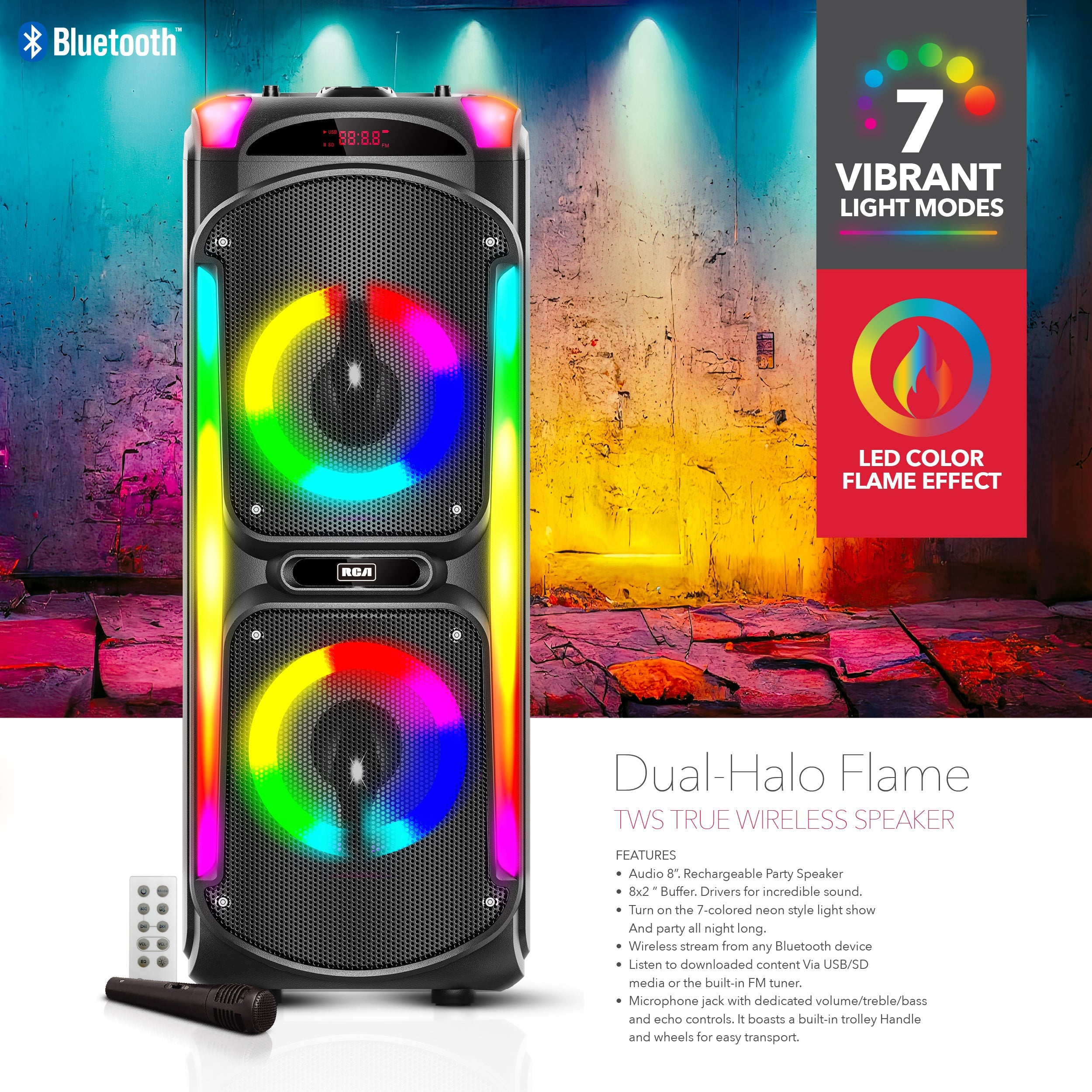 RCA Disco 88 Flame Effect Bluetooth Party Speaker with Dual 8