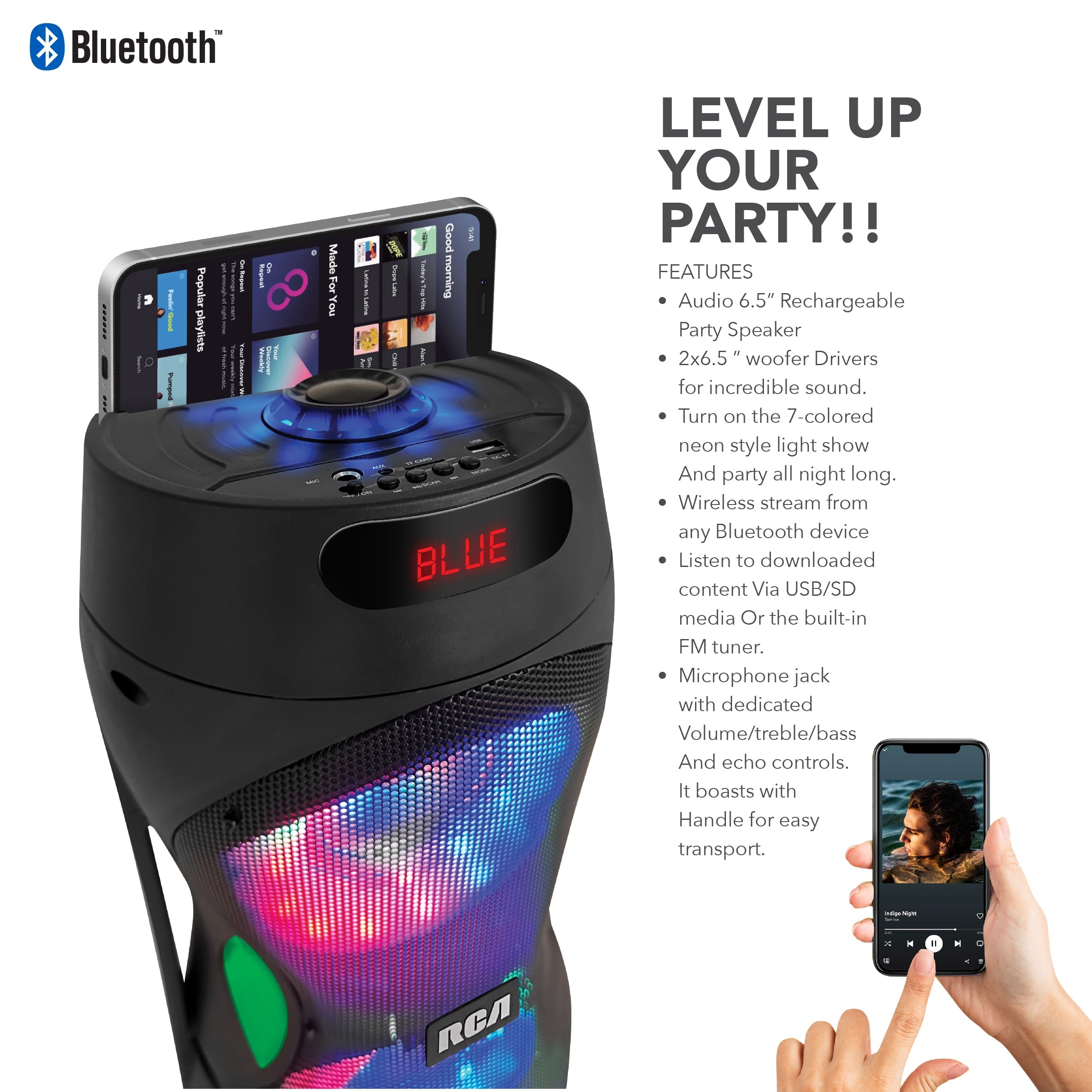 RCA Disco 206 RGB Wireless Party Speaker with Dual 6.5