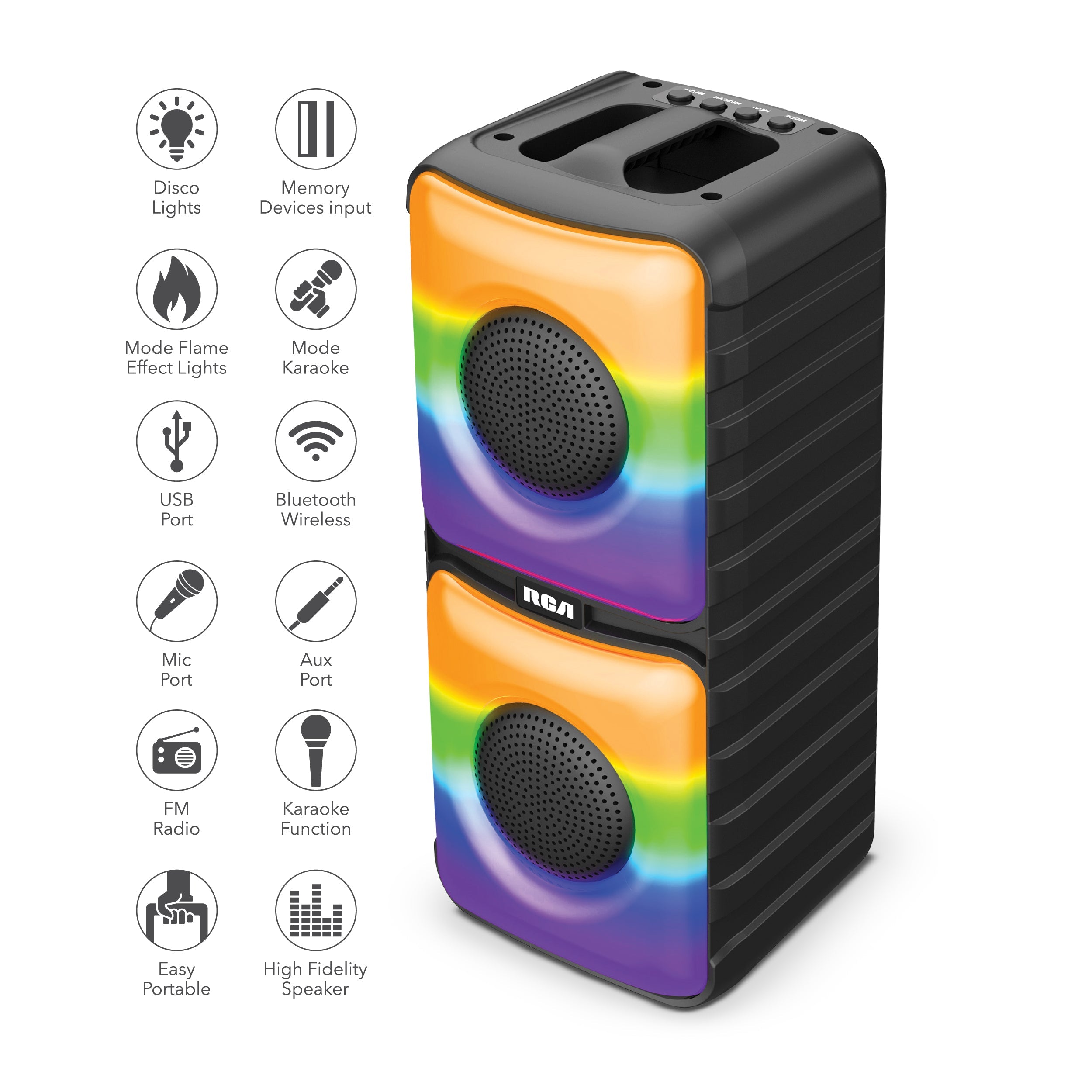 RCA Disco 204 Flame Effect Bluetooth Party Speaker with Dual 4
