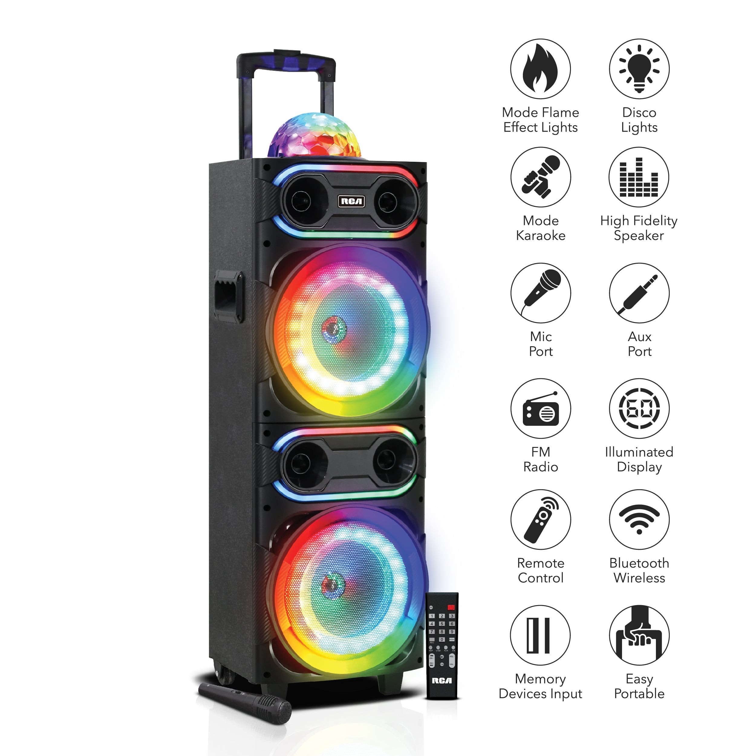 RCA Disco 208 Flame Effect Bluetooth Party Speaker with Dual 8