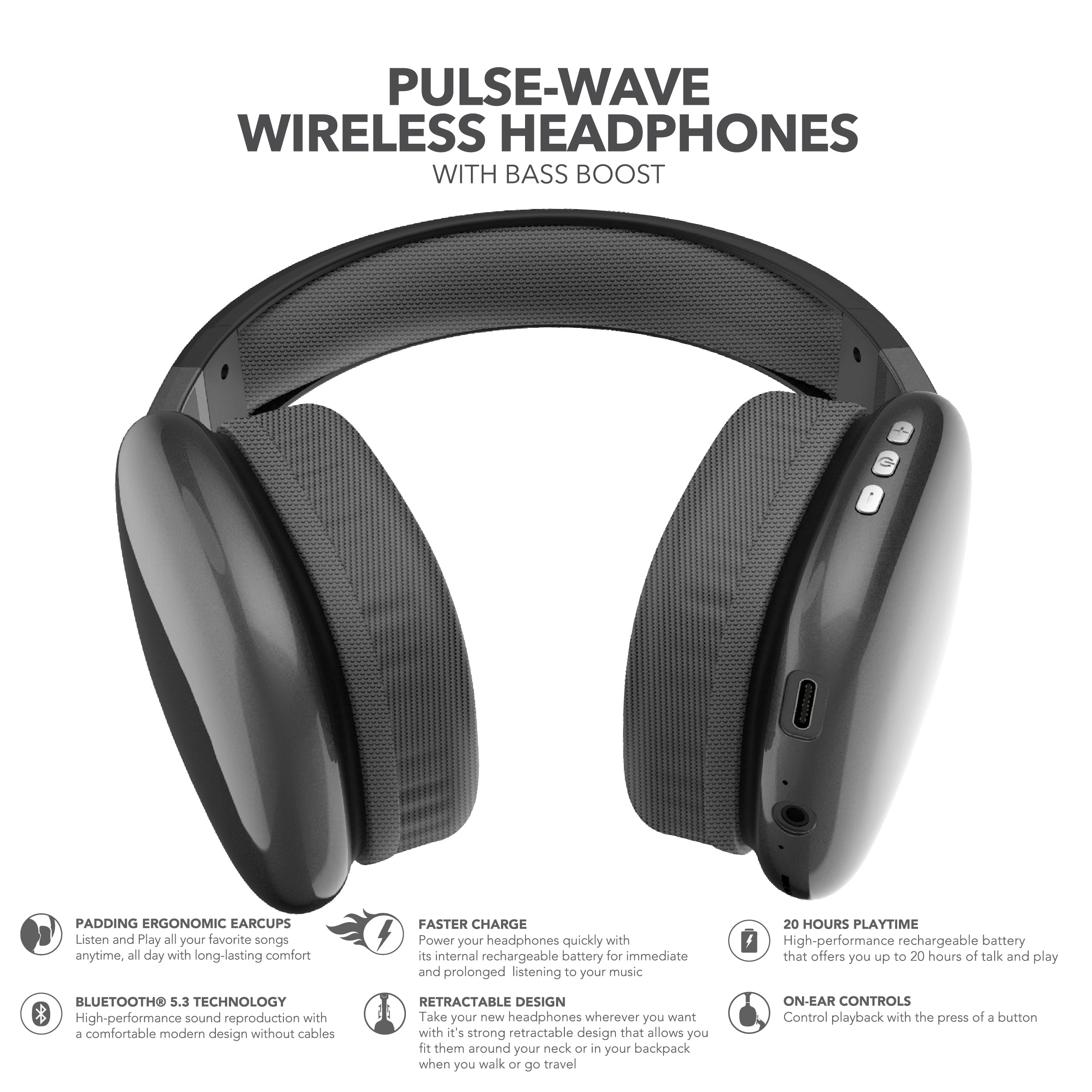 RCA Wave-56 Wireless Over-Ear Bluetooth Headphones, 20H Playtime, Hi-Res Audio