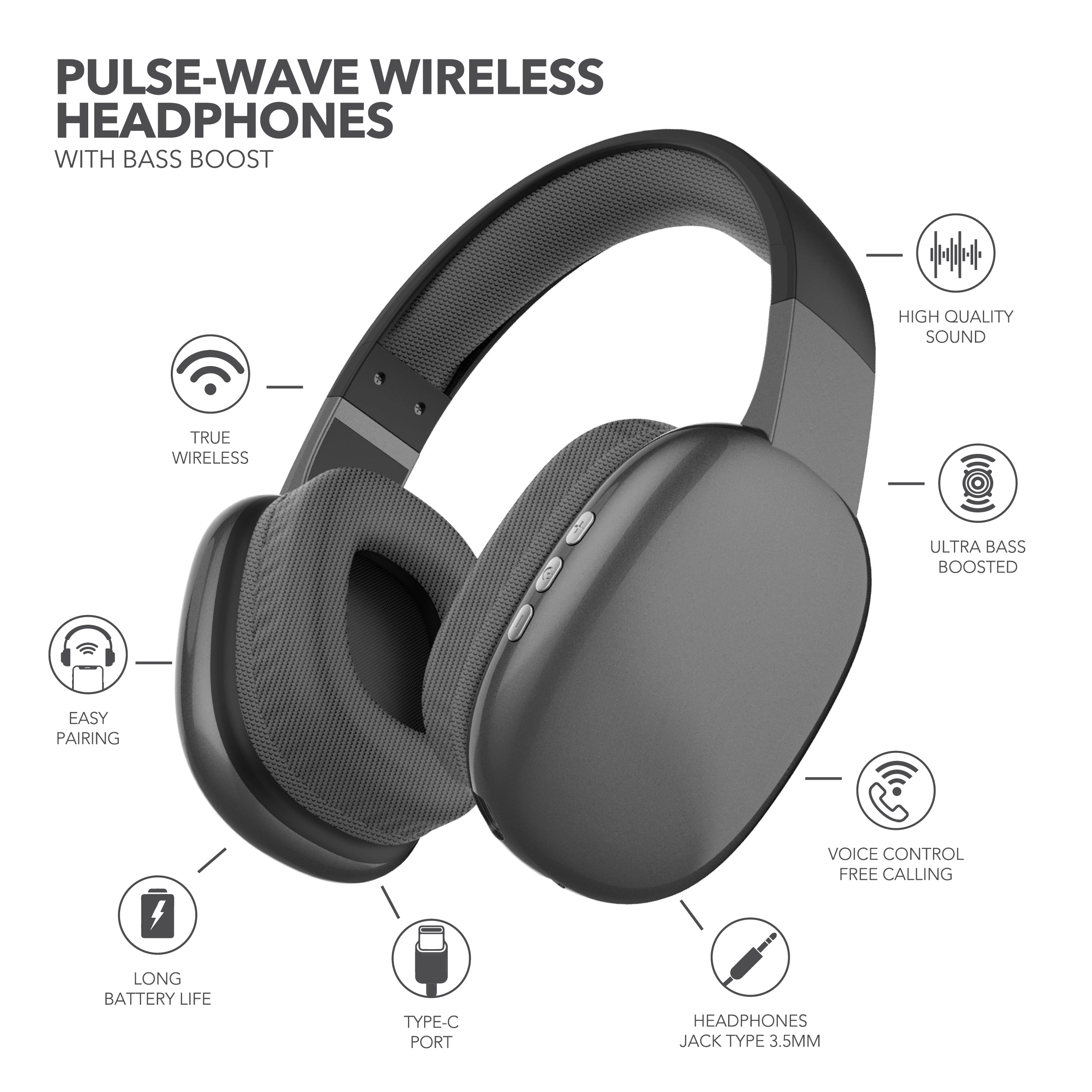 RCA Wave-56 Wireless Over-Ear Bluetooth Headphones, 20H Playtime, Hi-Res Audio