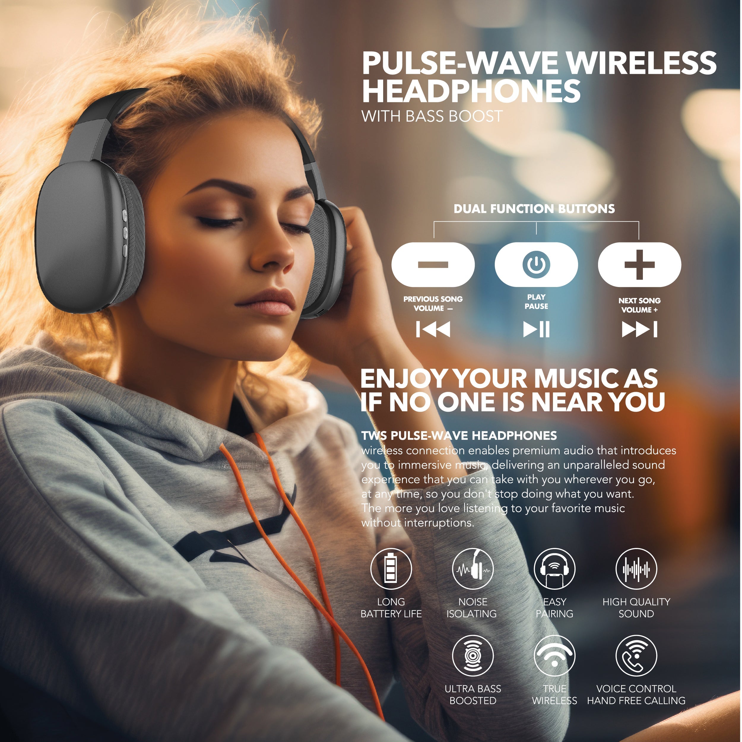 RCA Wave-56 Wireless Over-Ear Bluetooth Headphones, 20H Playtime, Hi-Res Audio