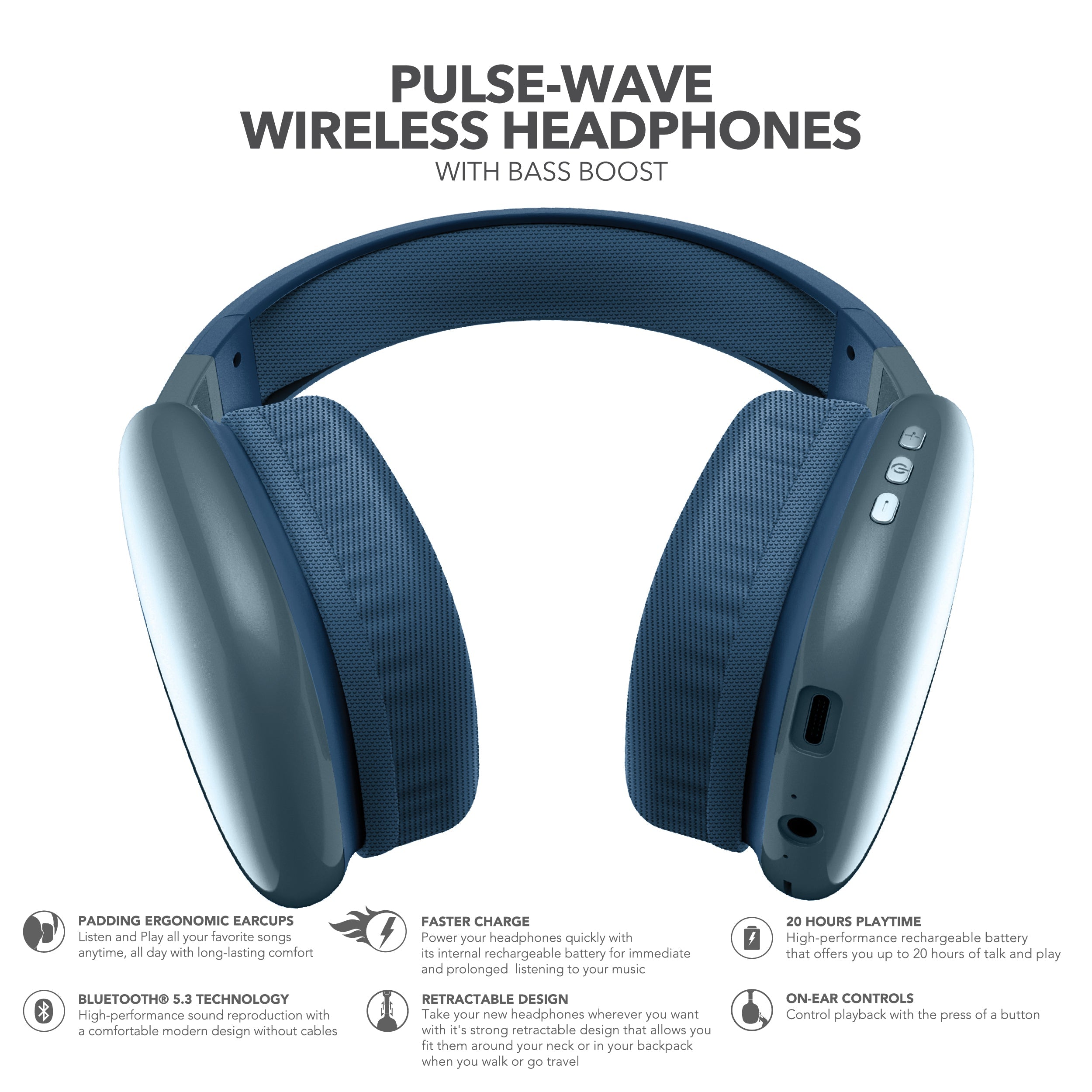 RCA Wave-56 Wireless Over-Ear Bluetooth Headphones, 20H Playtime, Hi-Res Audio