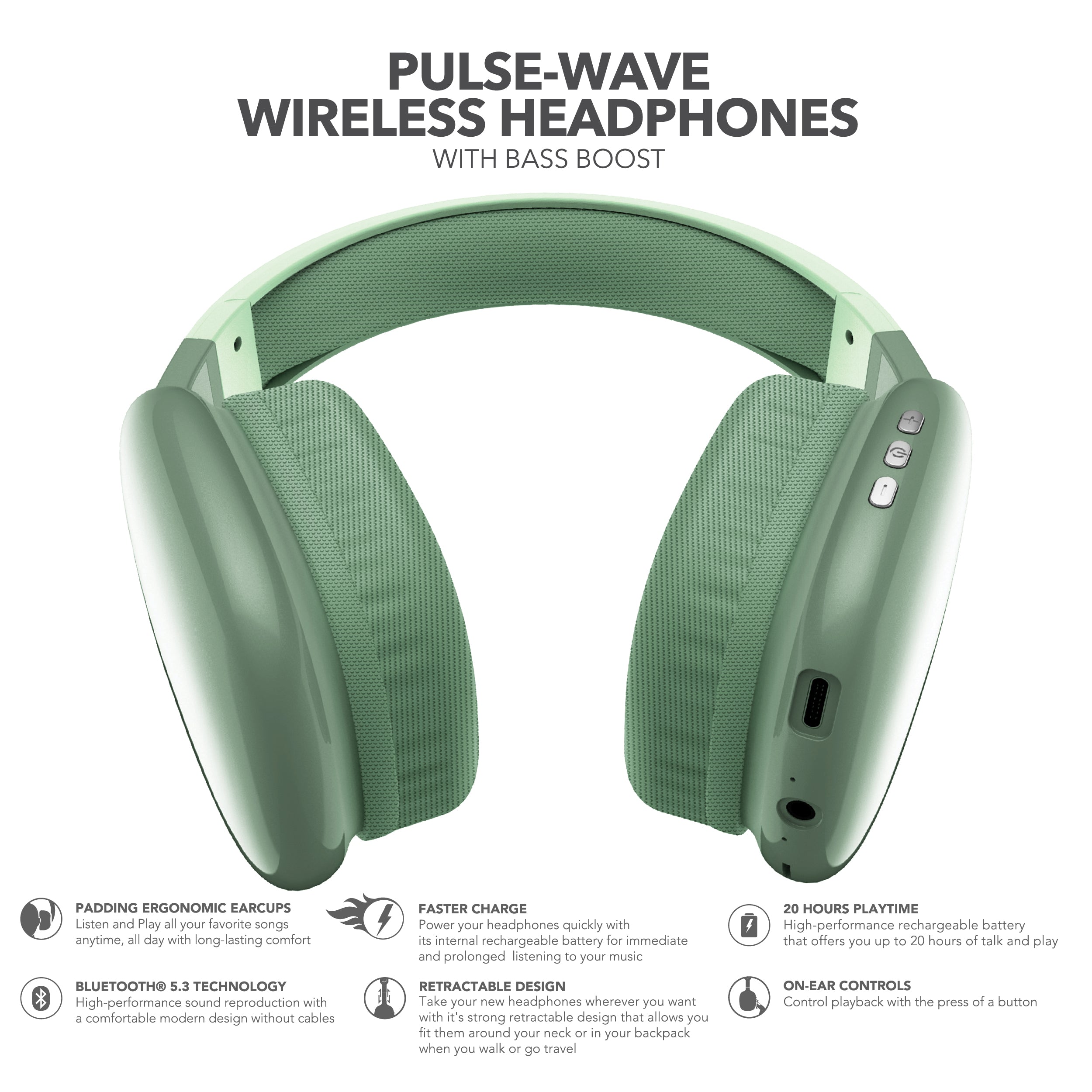 RCA Wave-56 Wireless Over-Ear Bluetooth Headphones, 20H Playtime, Hi-Res Audio
