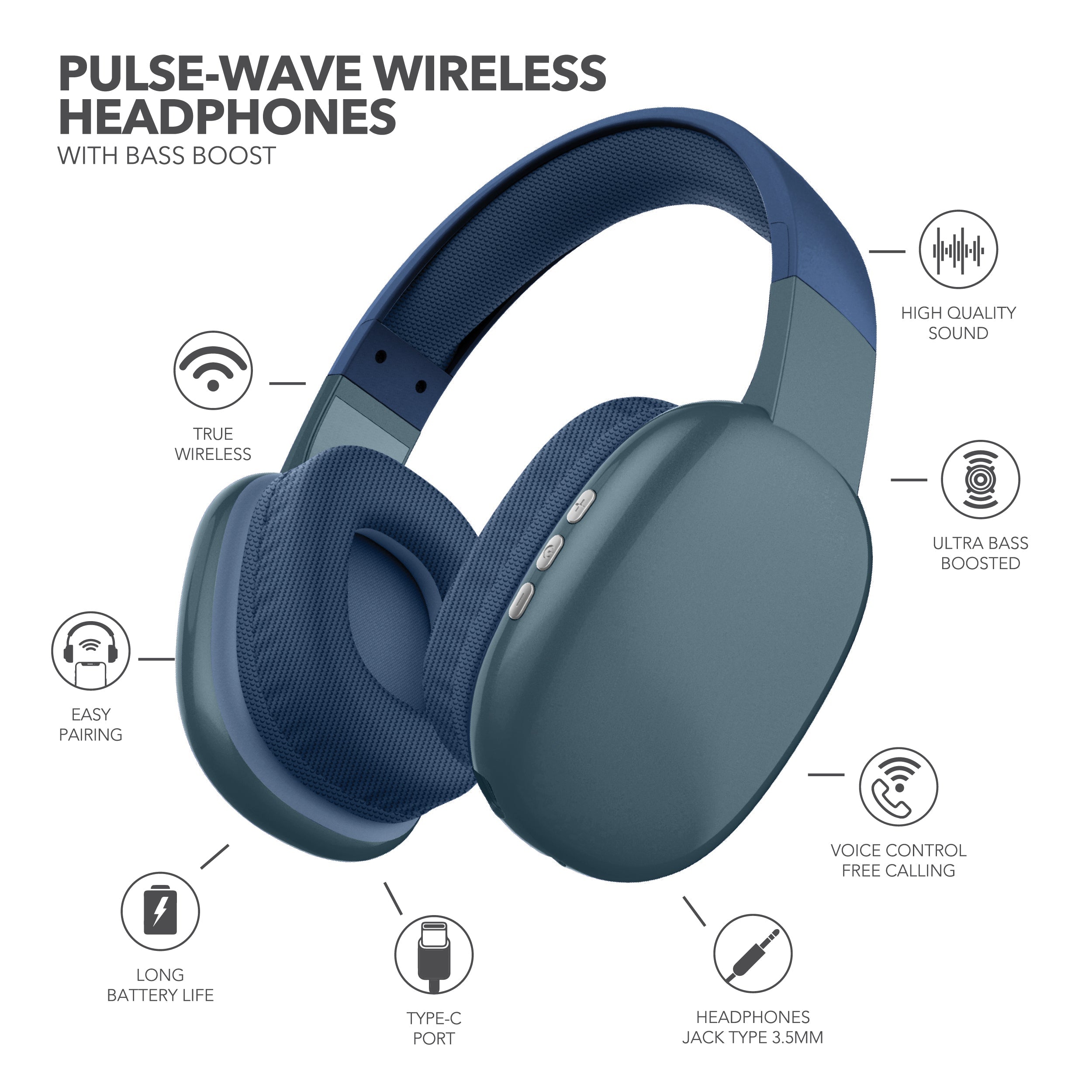 RCA Wave-56 Wireless Over-Ear Bluetooth Headphones, 20H Playtime, Hi-Res Audio
