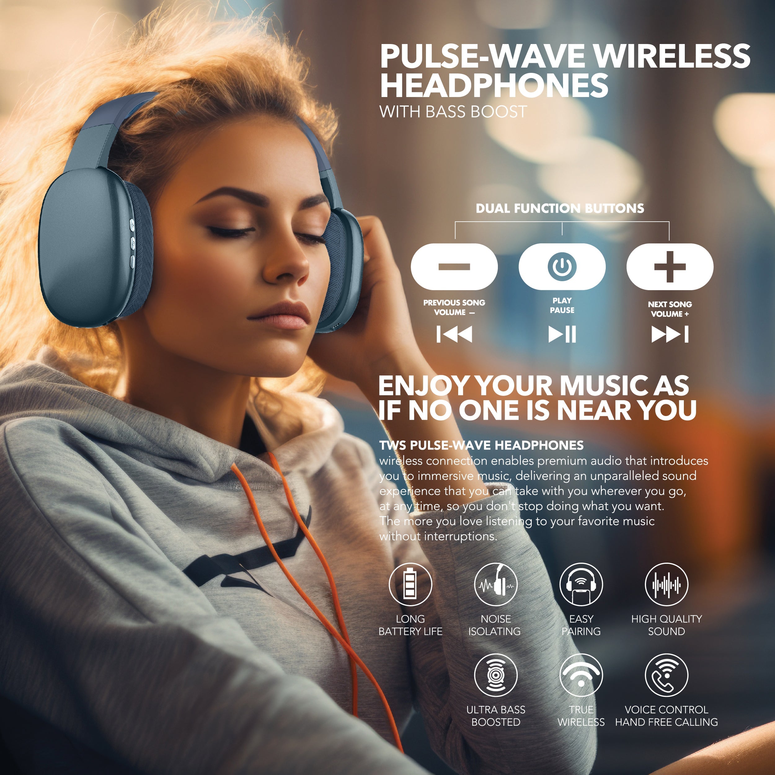 RCA Wave-56 Wireless Over-Ear Bluetooth Headphones, 20H Playtime, Hi-Res Audio