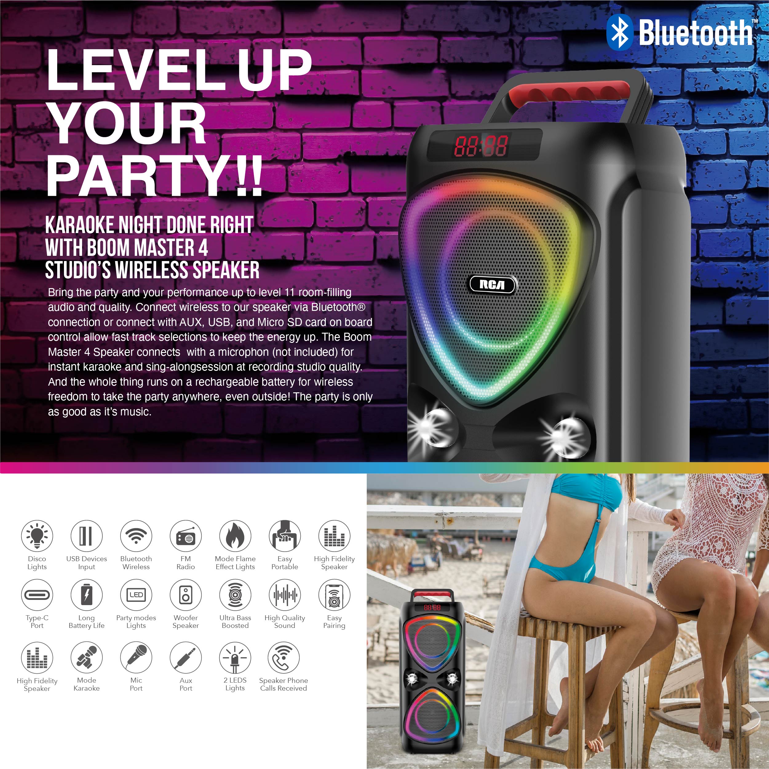 RCA FLAME-33 Portable Bluetooth Speaker Wireless Karaoke Speaker with RGB Light