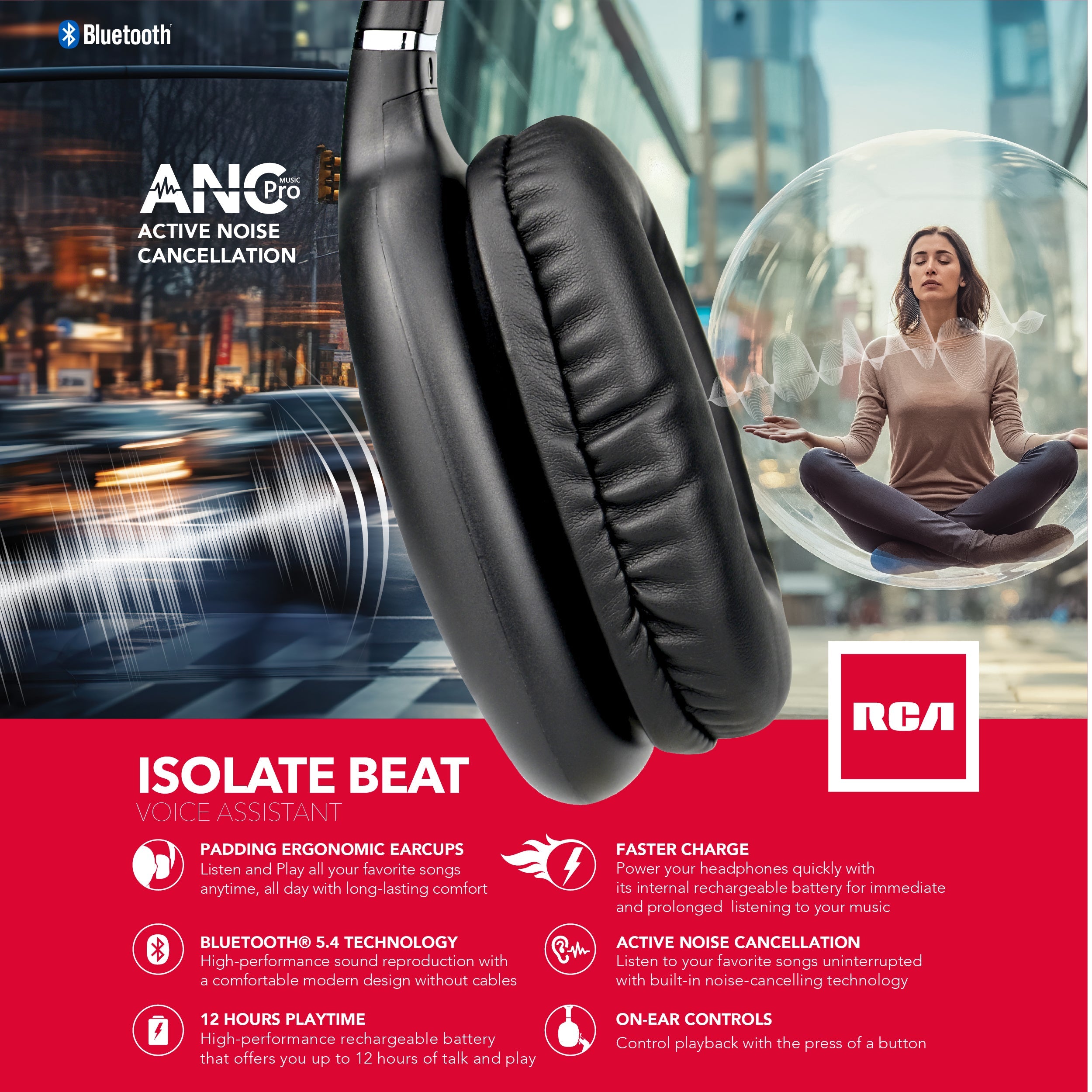 RCA Wave-53 Active Noise Cancelling Headphones, 12H Playtime, Hi-Res Audio