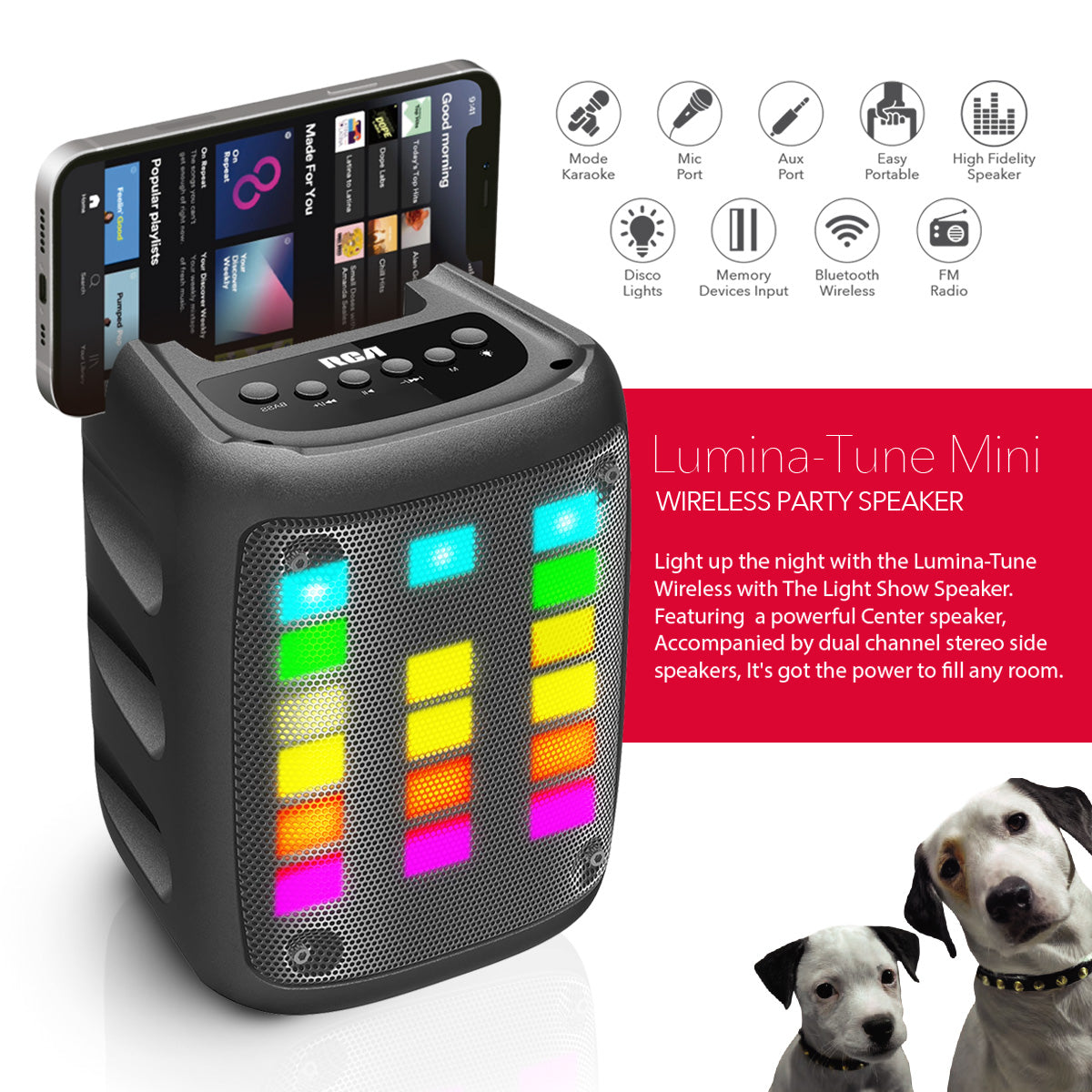 RCA Disco 103 RGB Wireless Mini Party Speaker with LED Show Lights and 3