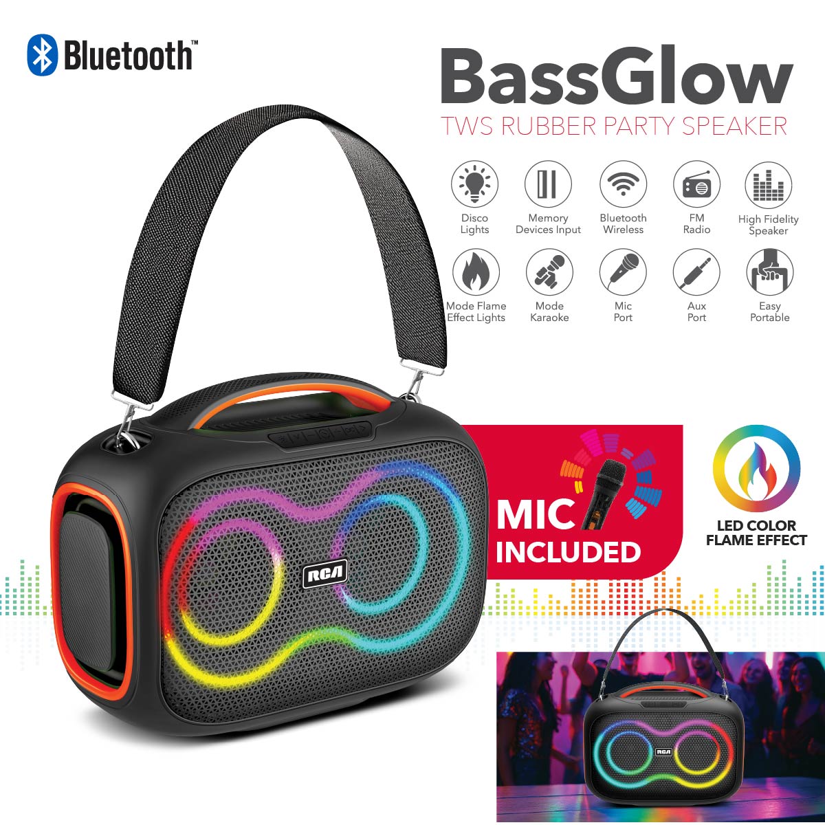 RCA FLAME-206 Portable Bluetooth Speaker Wireless Karaoke Speaker with Mic & RGB Light