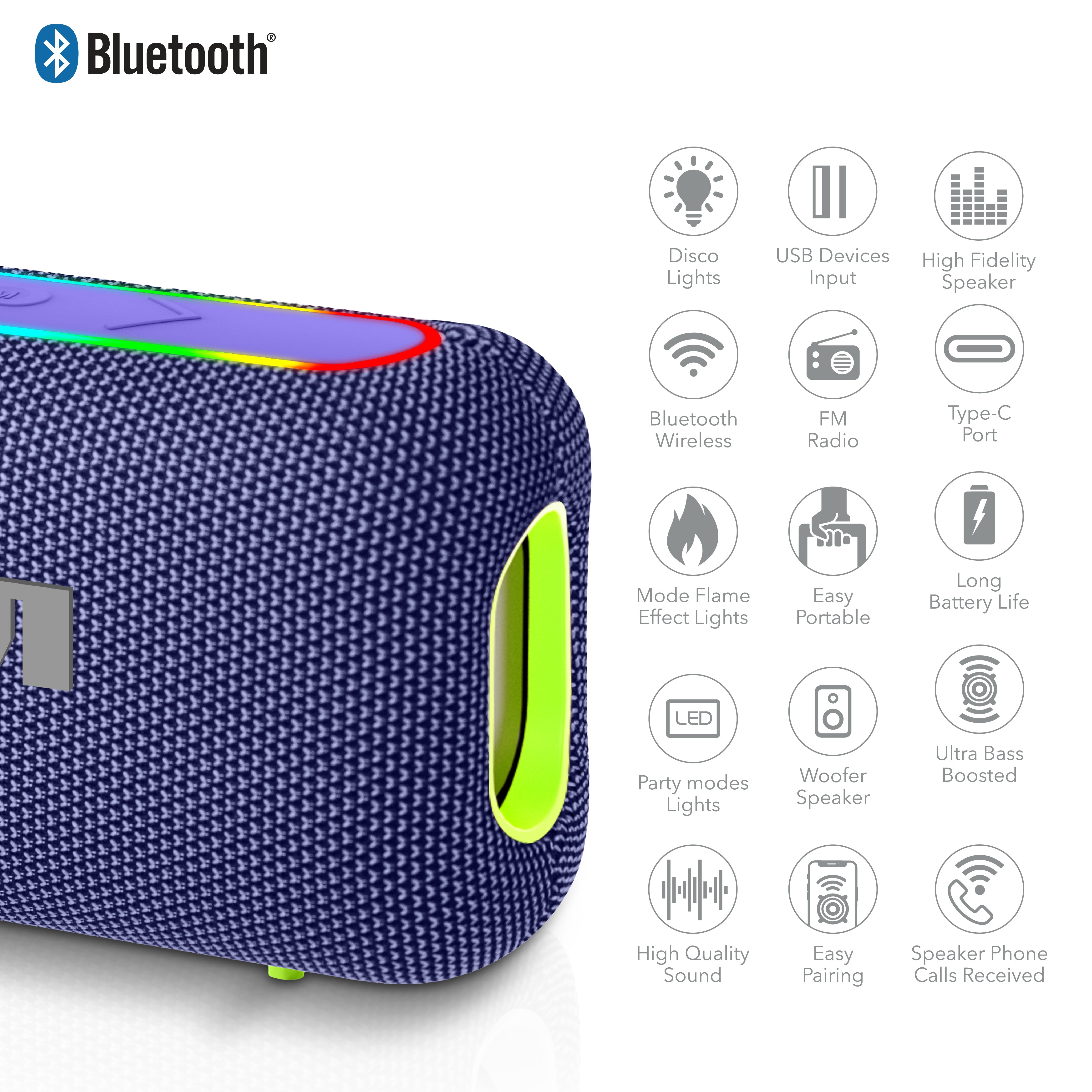 RCA BEAT-44 10W Portable Bluetooth Speaker with Dual Woofers & RGB Lights
