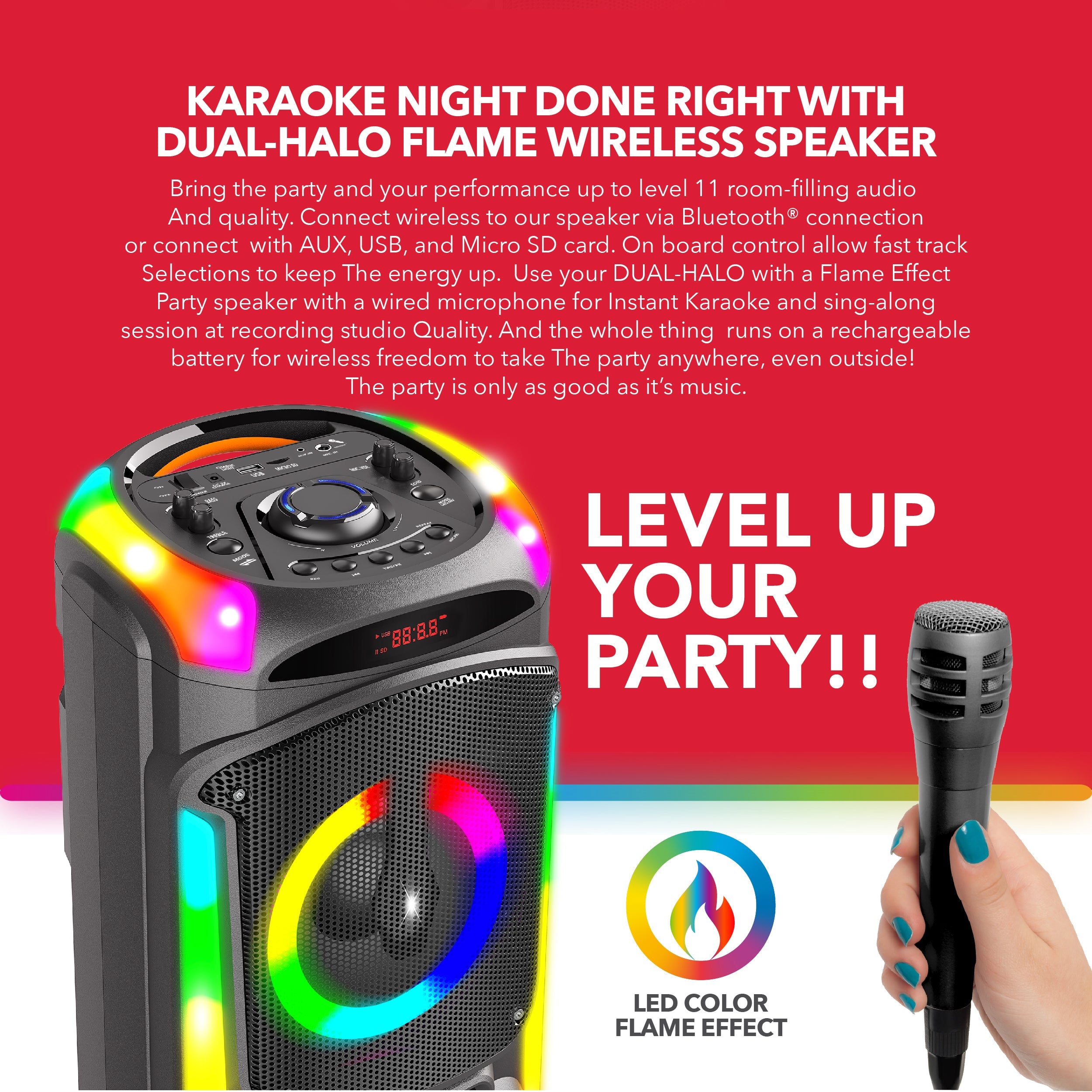 RCA Disco 88 Flame Effect Bluetooth Party Speaker with Dual 8