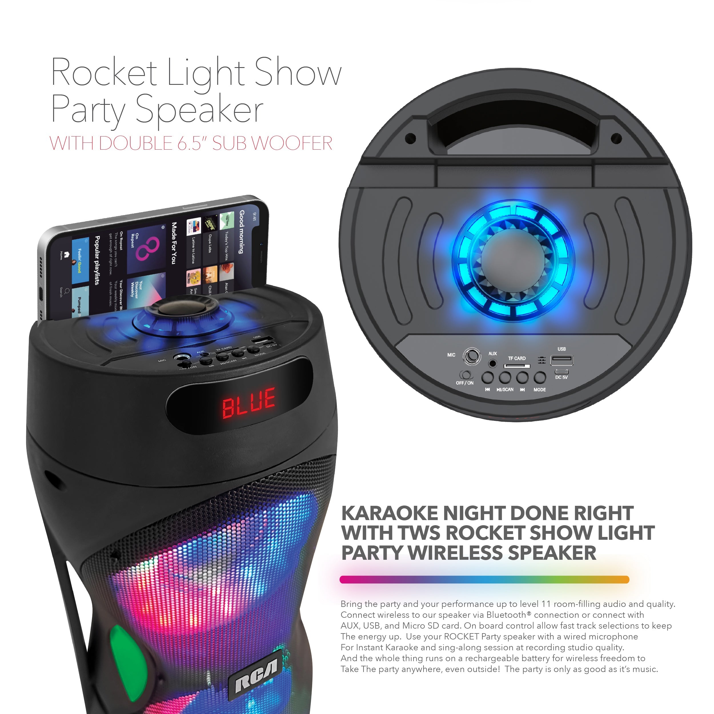 RCA Disco 206 RGB Wireless Party Speaker with Dual 6.5