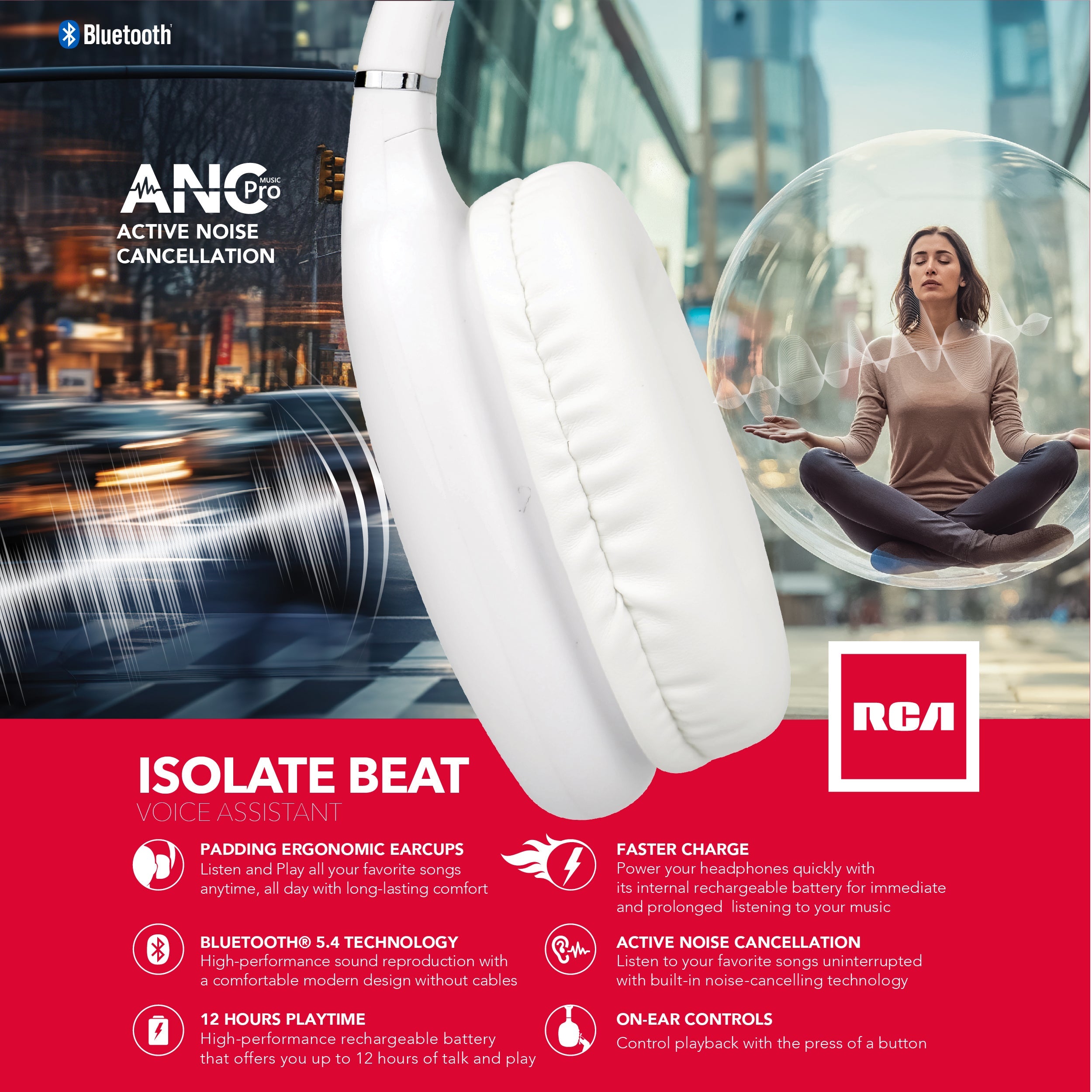 RCA Wave-53 Active Noise Cancelling Headphones, 12H Playtime, Hi-Res Audio
