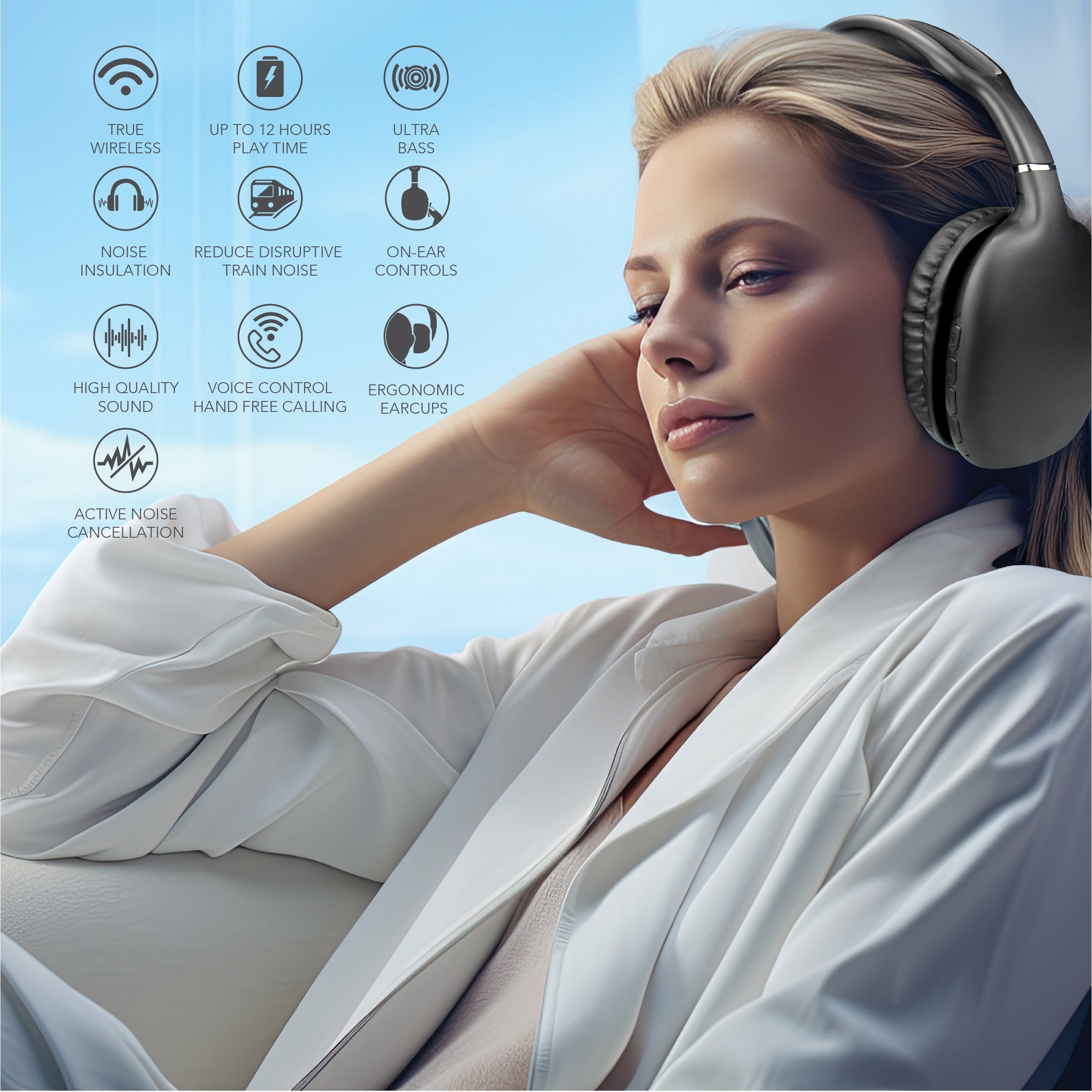 RCA Wave-53 Active Noise Cancelling Headphones, 12H Playtime, Hi-Res Audio