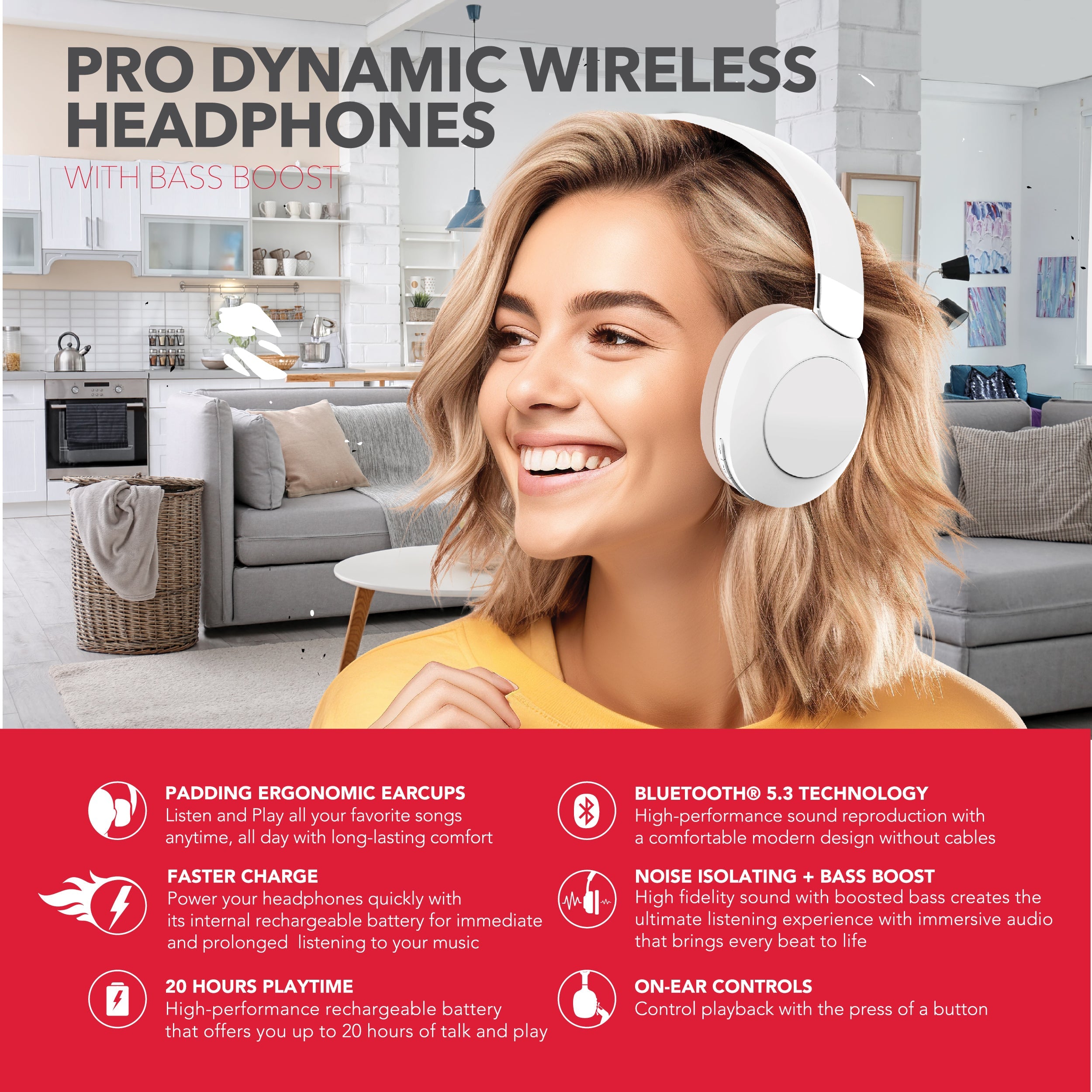 RCA Wave-54 Wireless Over-Ear Bluetooth Headphones, 12H Playtime, Hi-Res Audio