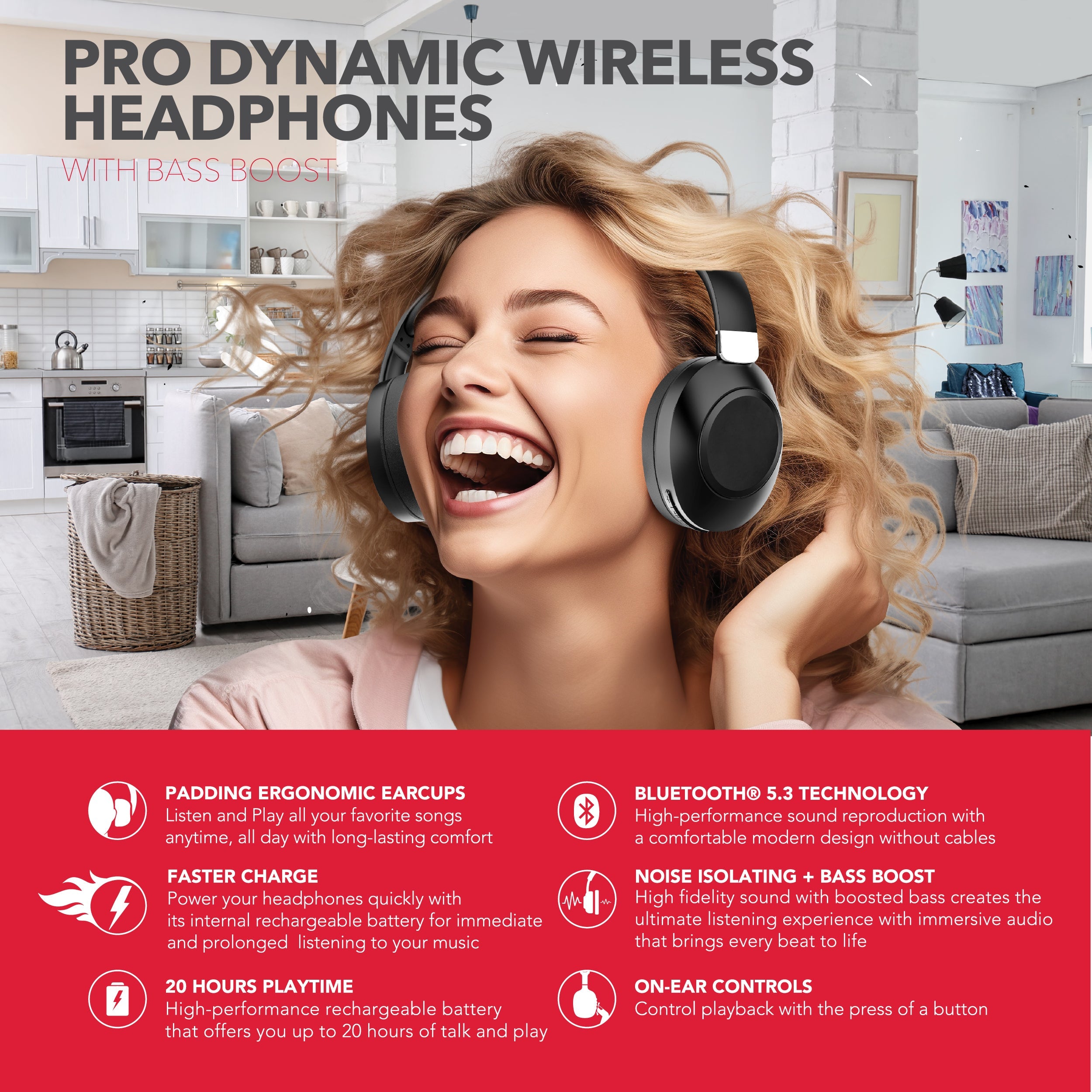 RCA Wave-54 Wireless Over-Ear Bluetooth Headphones, 12H Playtime, Hi-Res Audio
