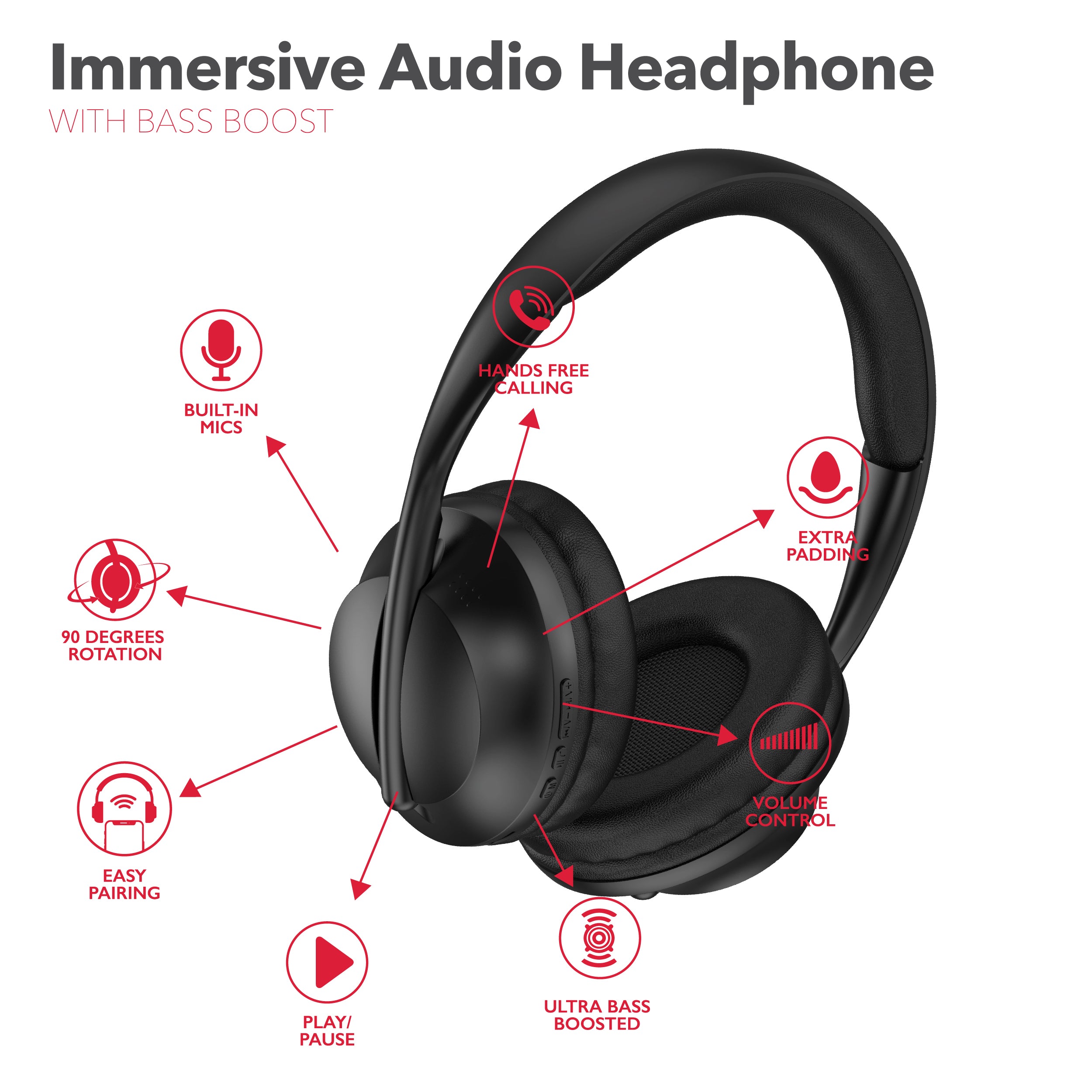 RCA Wave-55 Wireless Over-Ear Bluetooth Headphones, 12H Playtime, Hi-Resolution Audio