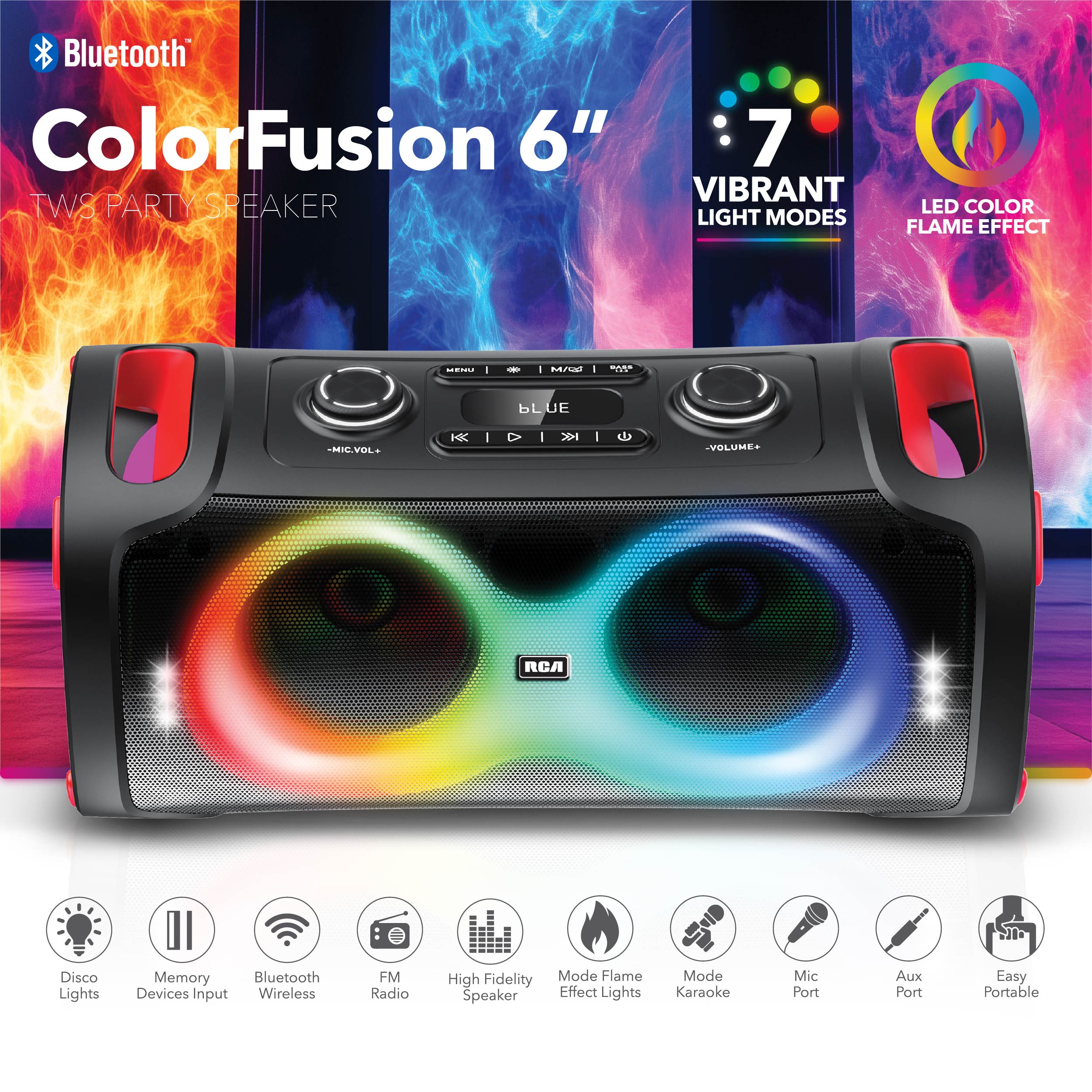 RCA BEAT-206 Portable Bluetooth Speaker Wireless Karaoke Speaker with Mic & RGB Light