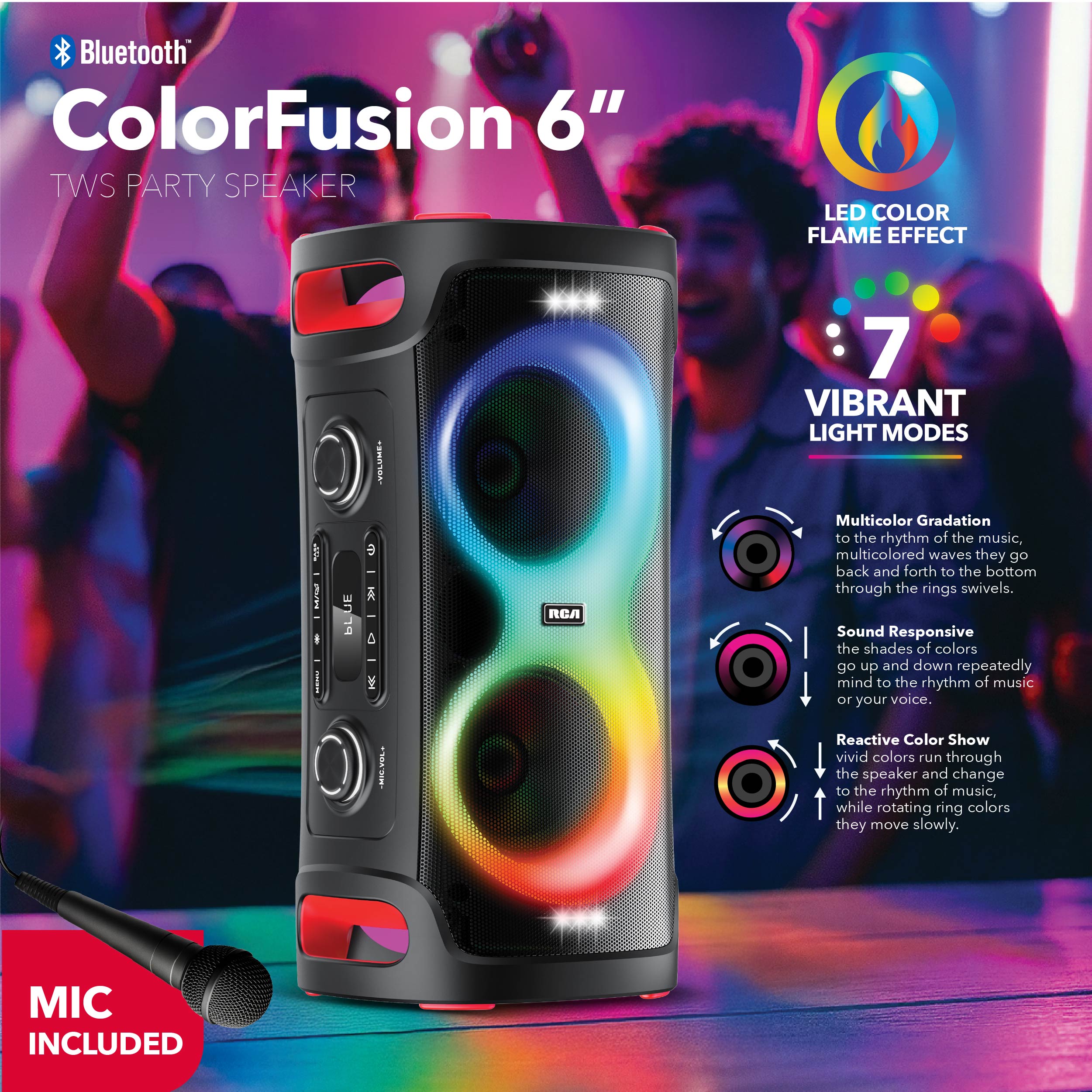 RCA BEAT-206 Portable Bluetooth Speaker Wireless Karaoke Speaker with Mic & RGB Light