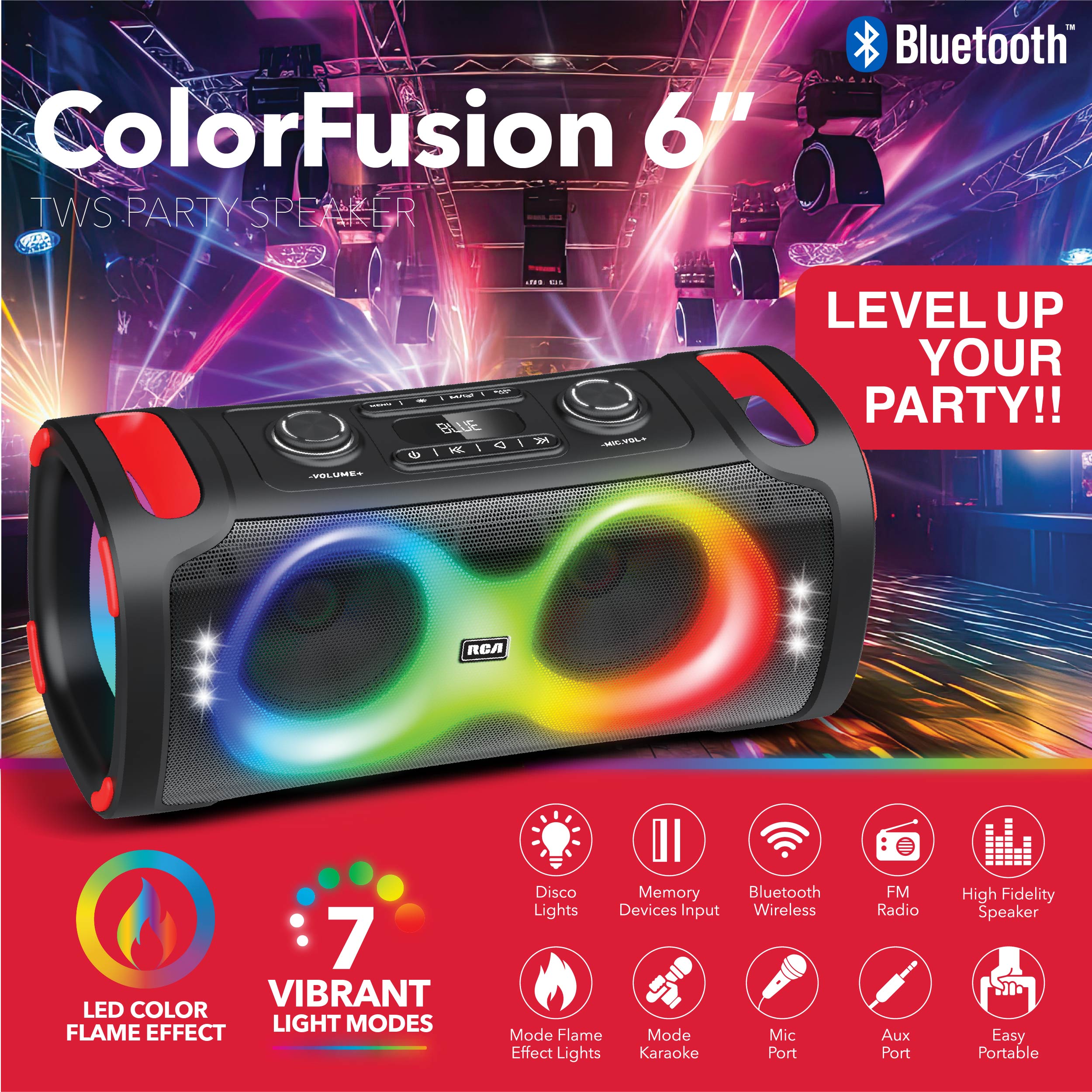 RCA BEAT-206 Portable Bluetooth Speaker Wireless Karaoke Speaker with Mic & RGB Light