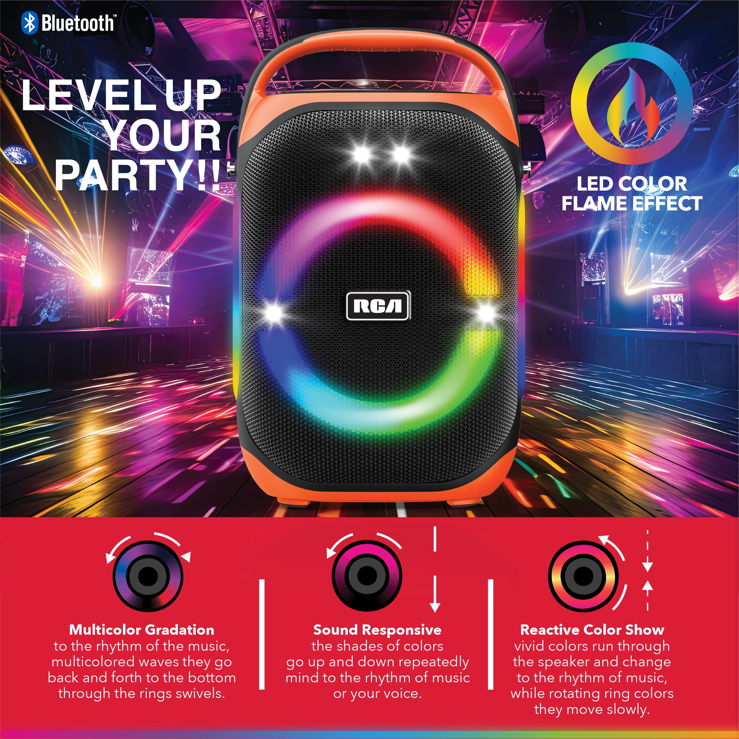 RCA FLEX-206 Portable Bluetooth Speaker Wireless Karaoke Speaker with Mic & RGB Light
