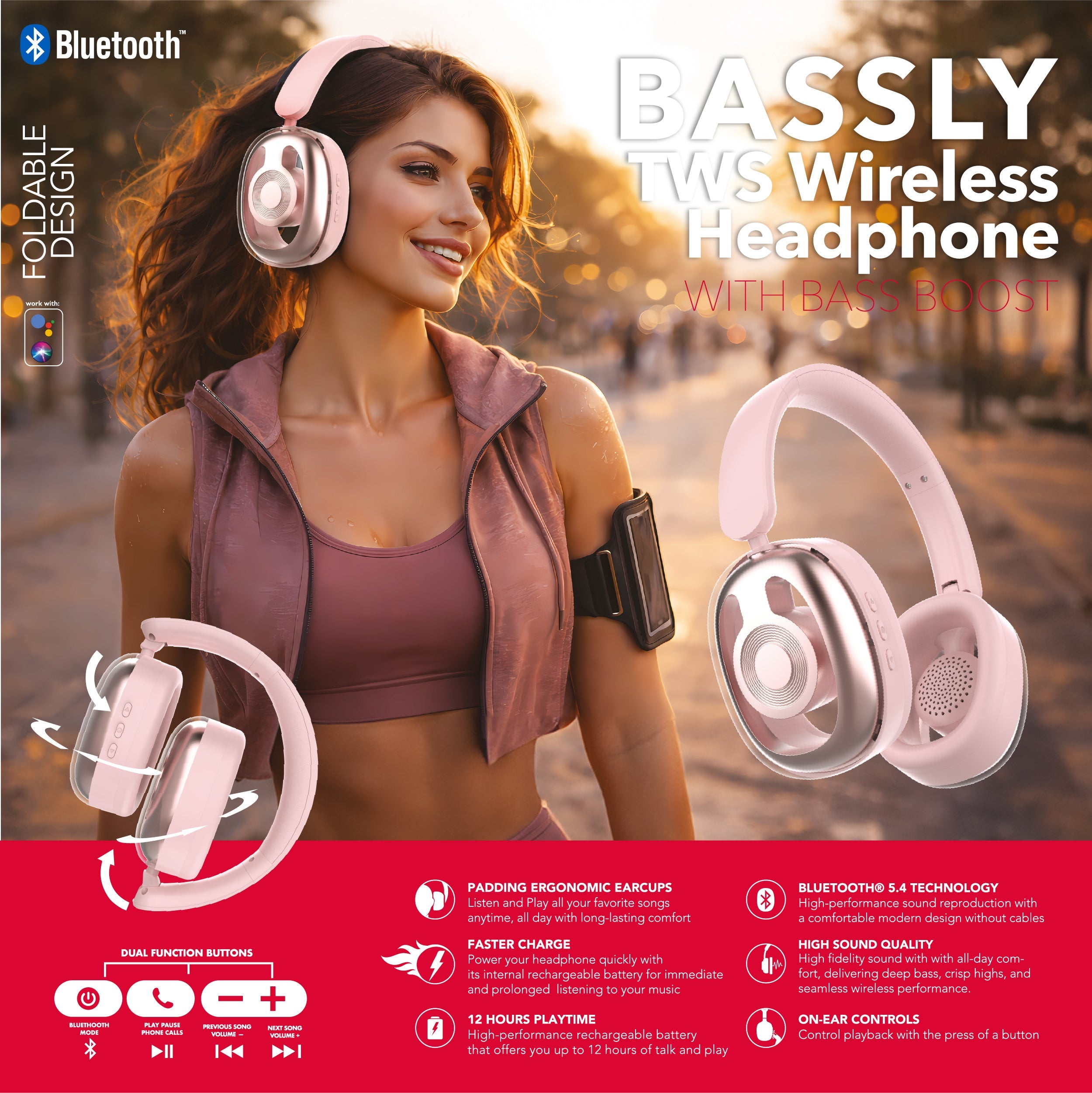 RCA WAVE-77 Wireless Over-Ear Headphones with Foldable, 90° Rotating Ear Cups