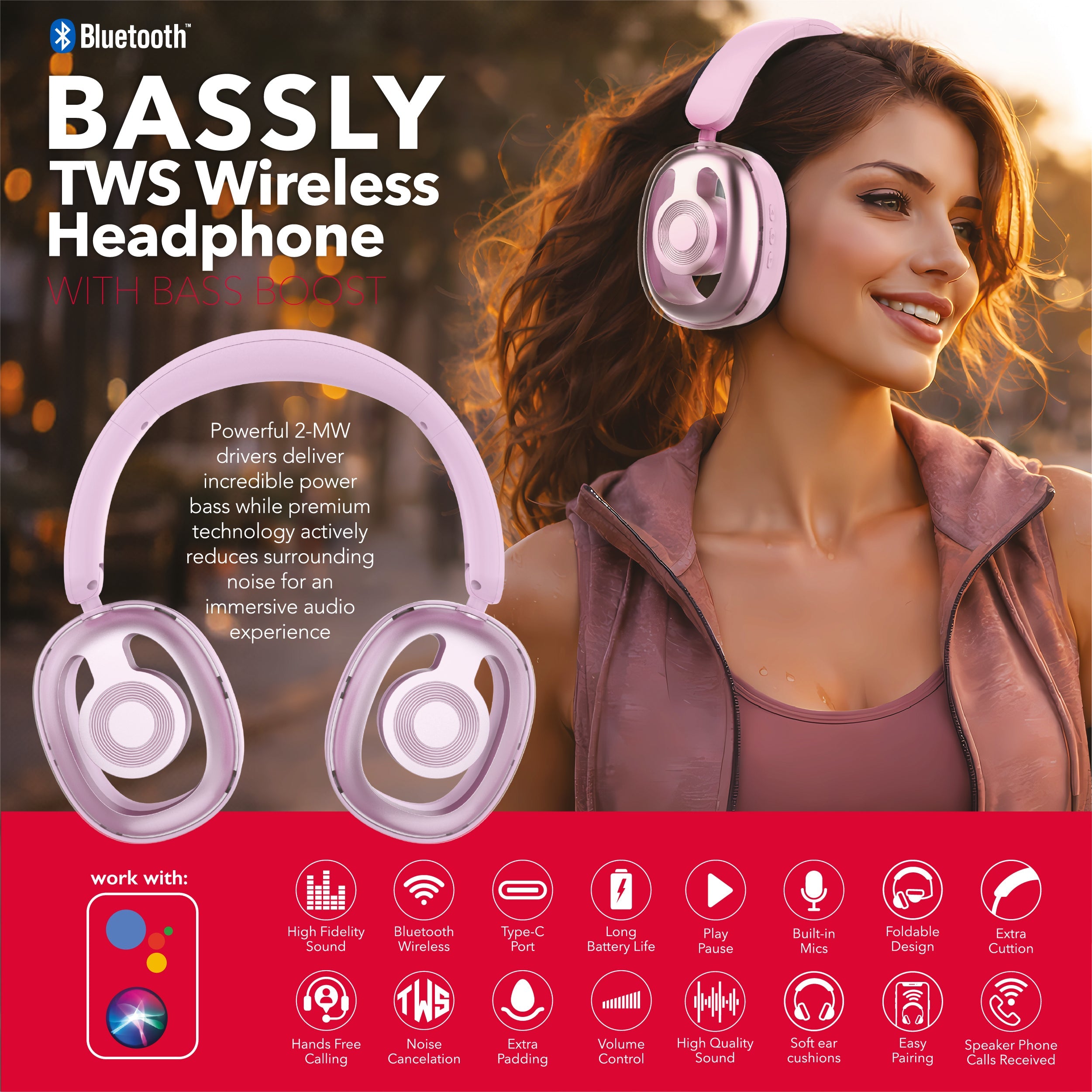 RCA WAVE-77 Wireless Over-Ear Headphones with Foldable, 90° Rotating Ear Cups