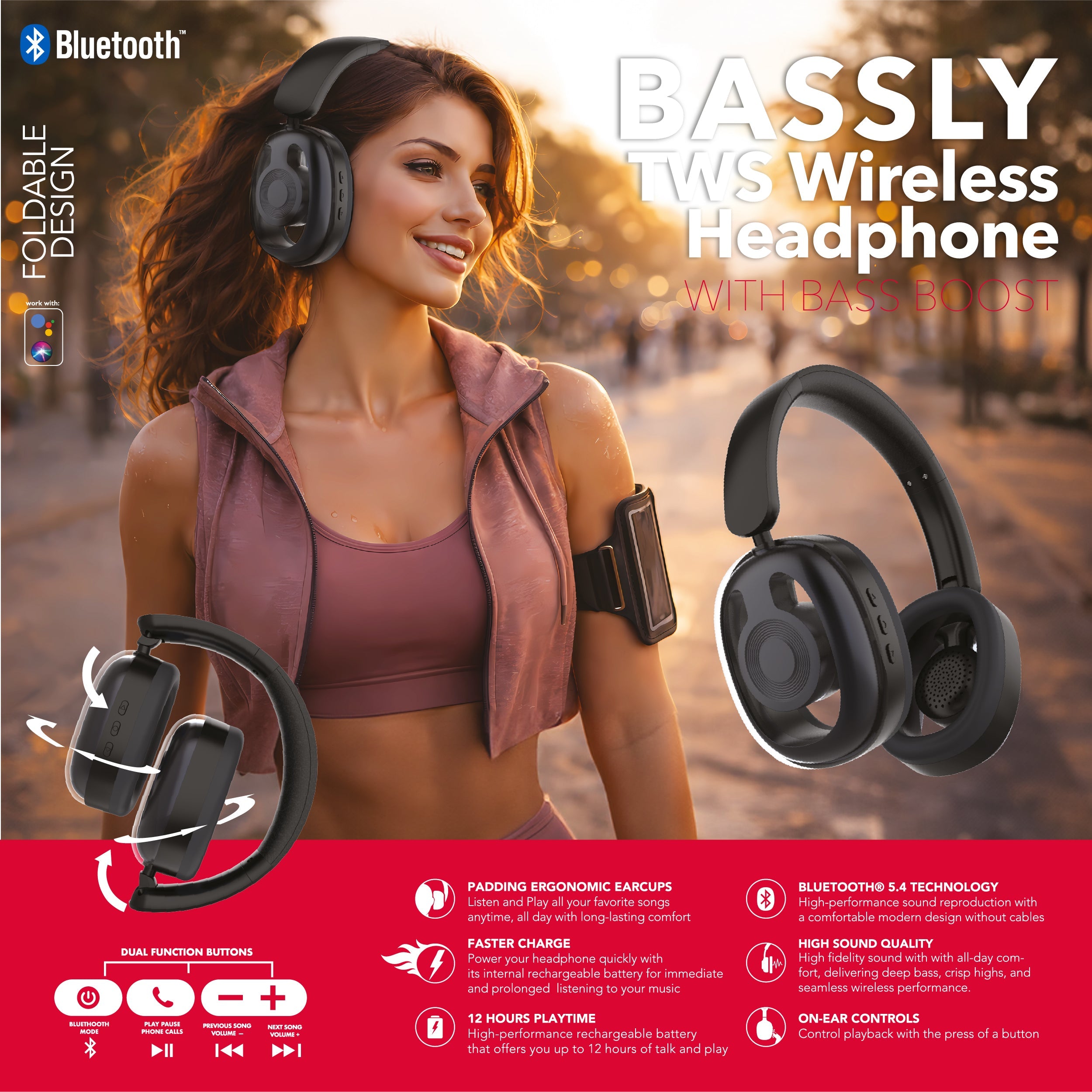 RCA WAVE-77 Wireless Over-Ear Headphones with Foldable, 90° Rotating Ear Cups