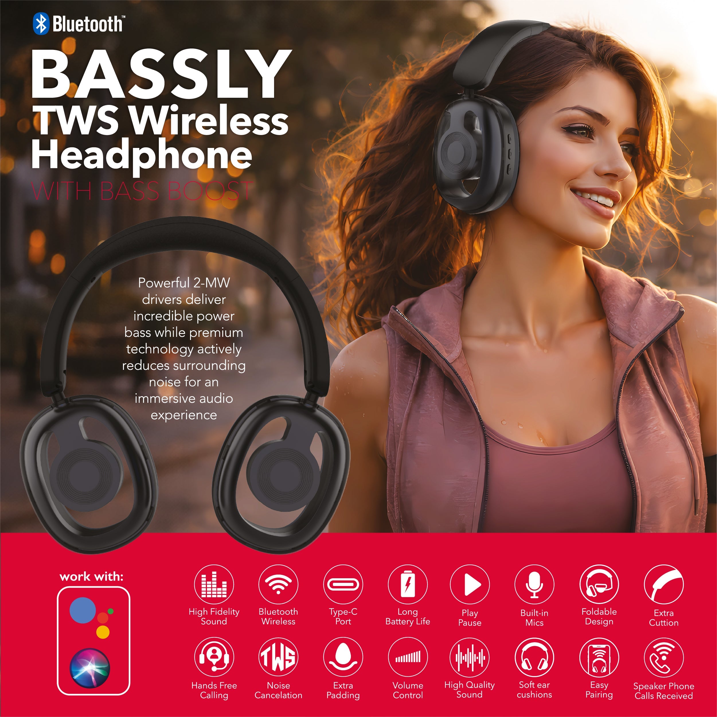 RCA WAVE-77 Wireless Over-Ear Headphones with Foldable, 90° Rotating Ear Cups