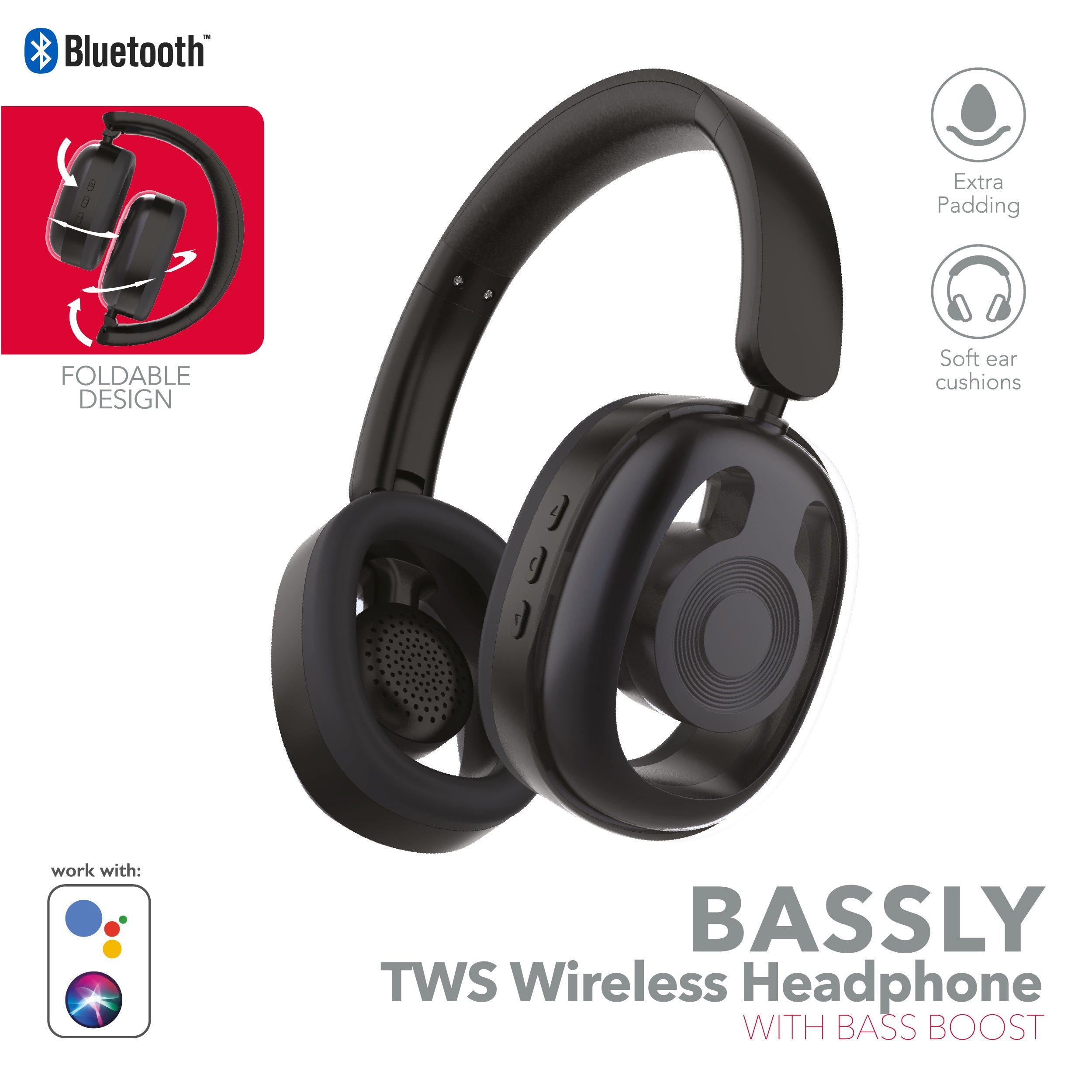 RCA WAVE-77 Wireless Over-Ear Headphones with Foldable, 90° Rotating Ear Cups