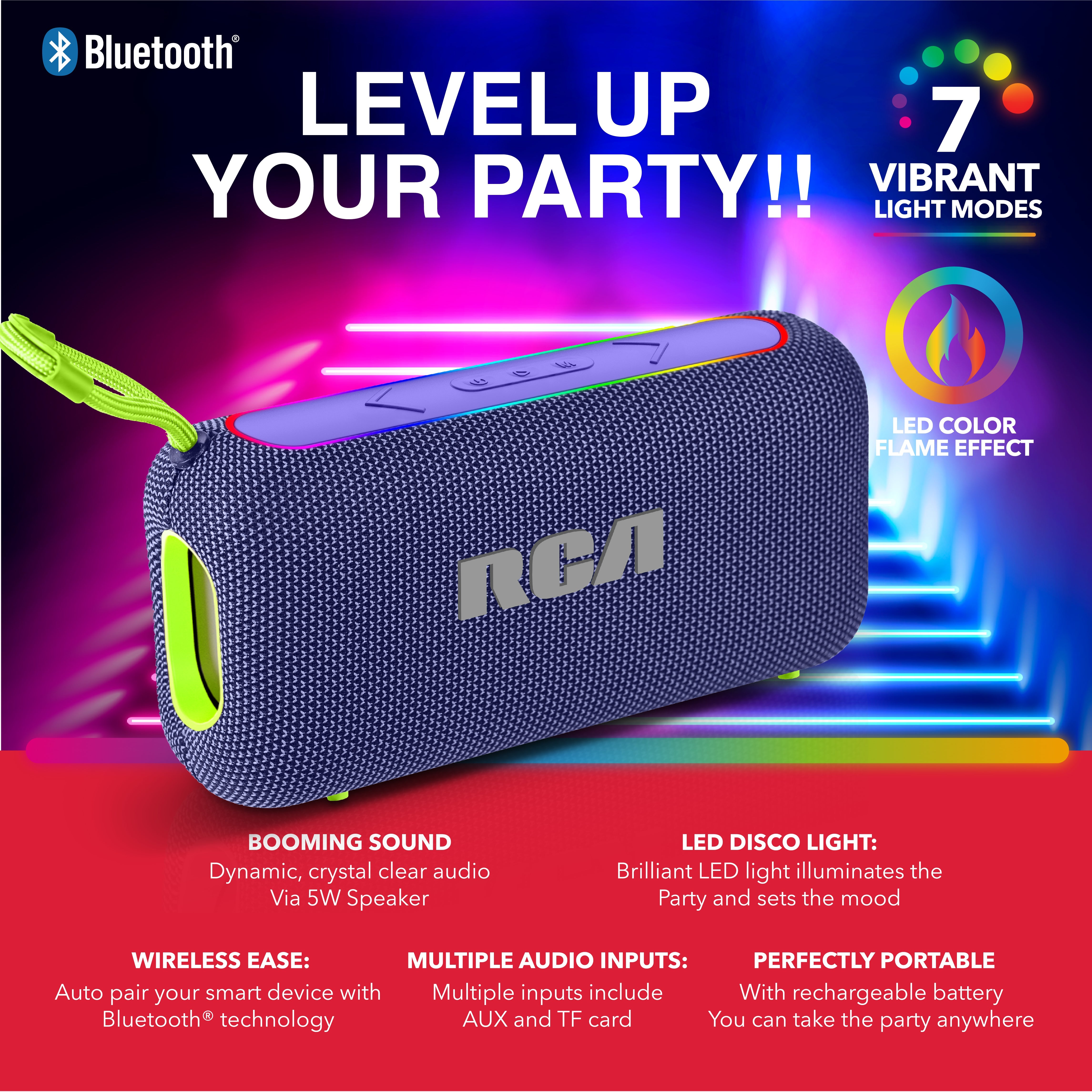 RCA BEAT-44 10W Portable Bluetooth Speaker with Dual Woofers & RGB Lights