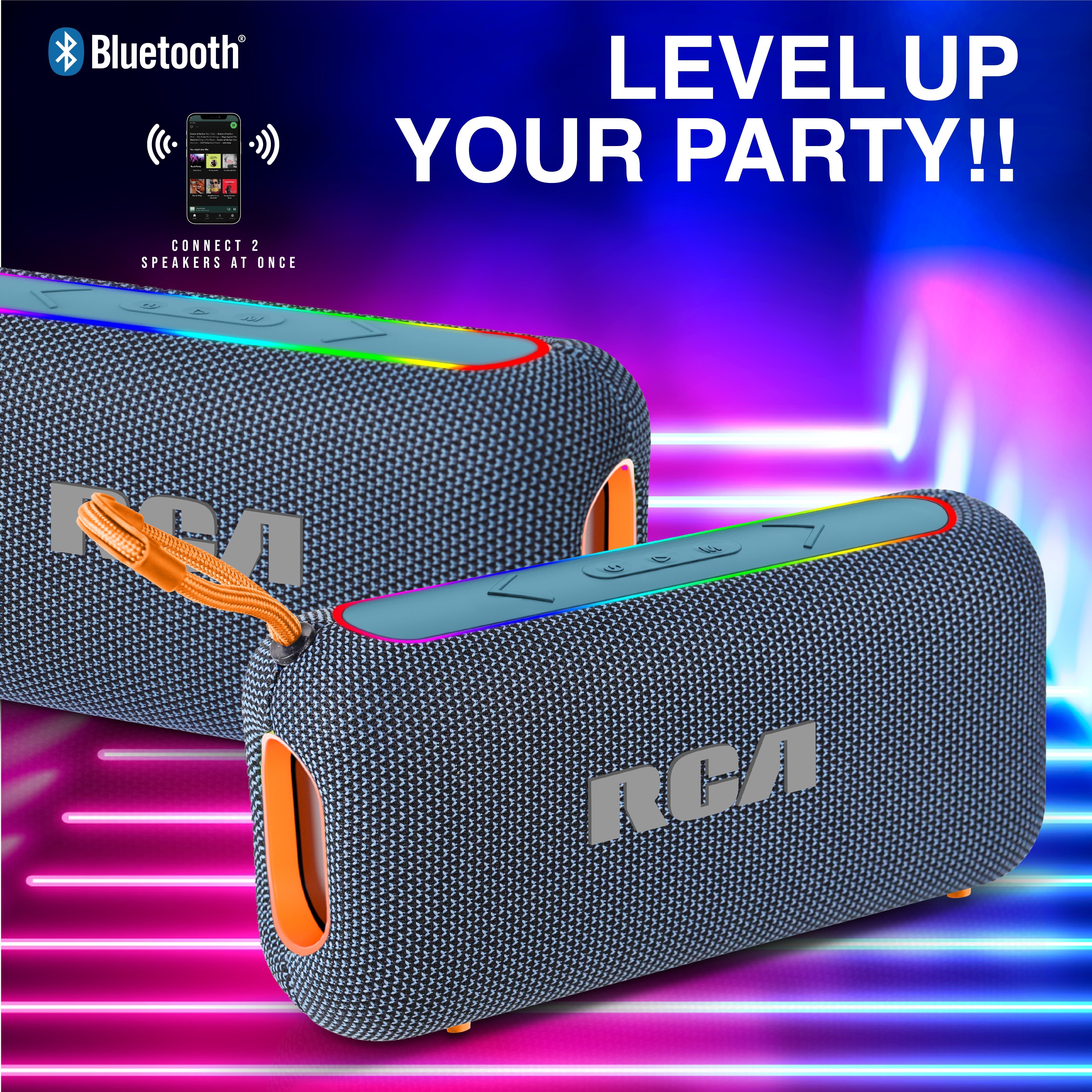 RCA BEAT-44 10W Portable Bluetooth Speaker with Dual Woofers & RGB Lights