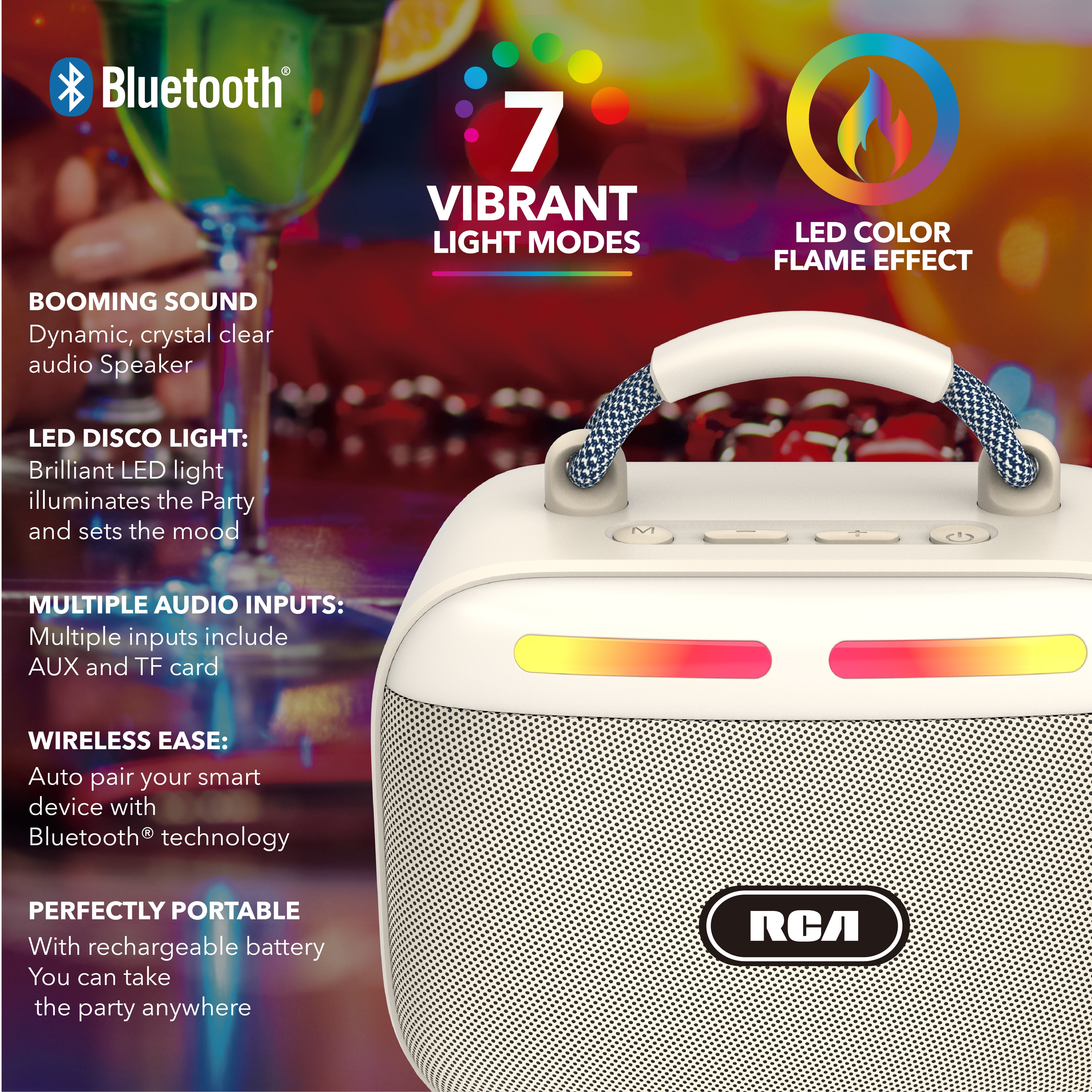 RCA FLEX-30 Portable Bluetooth Speaker with RGB Lights & 100-Min Playback